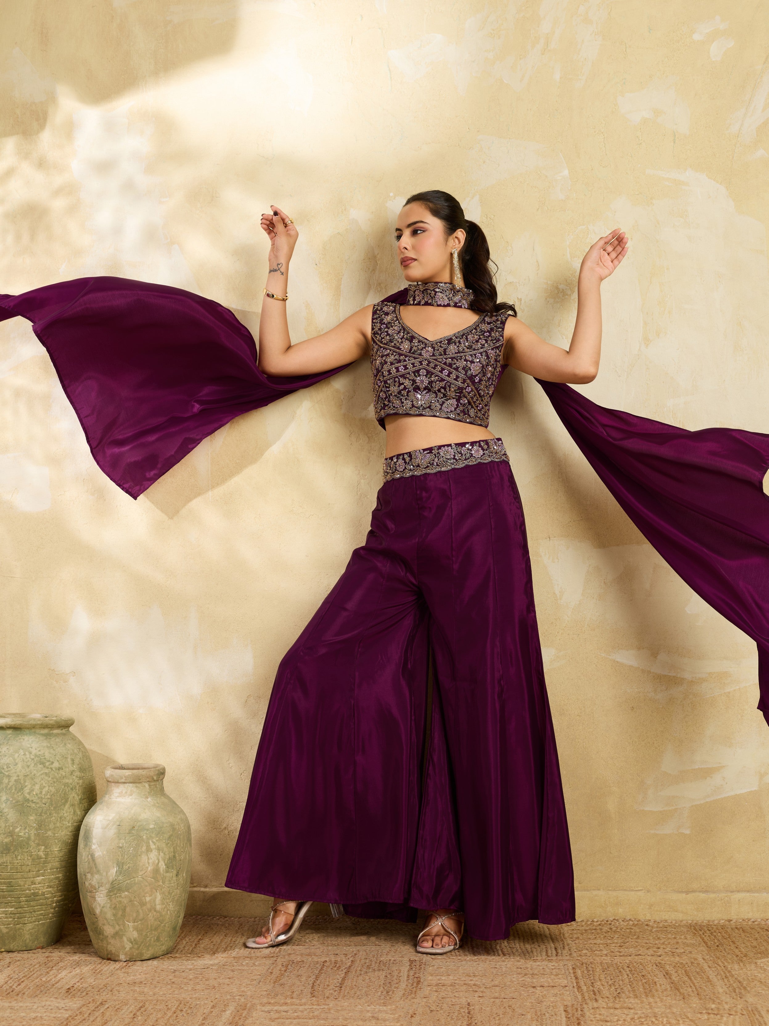 Deep Purple Embellished Premium Silk Palazzo Set