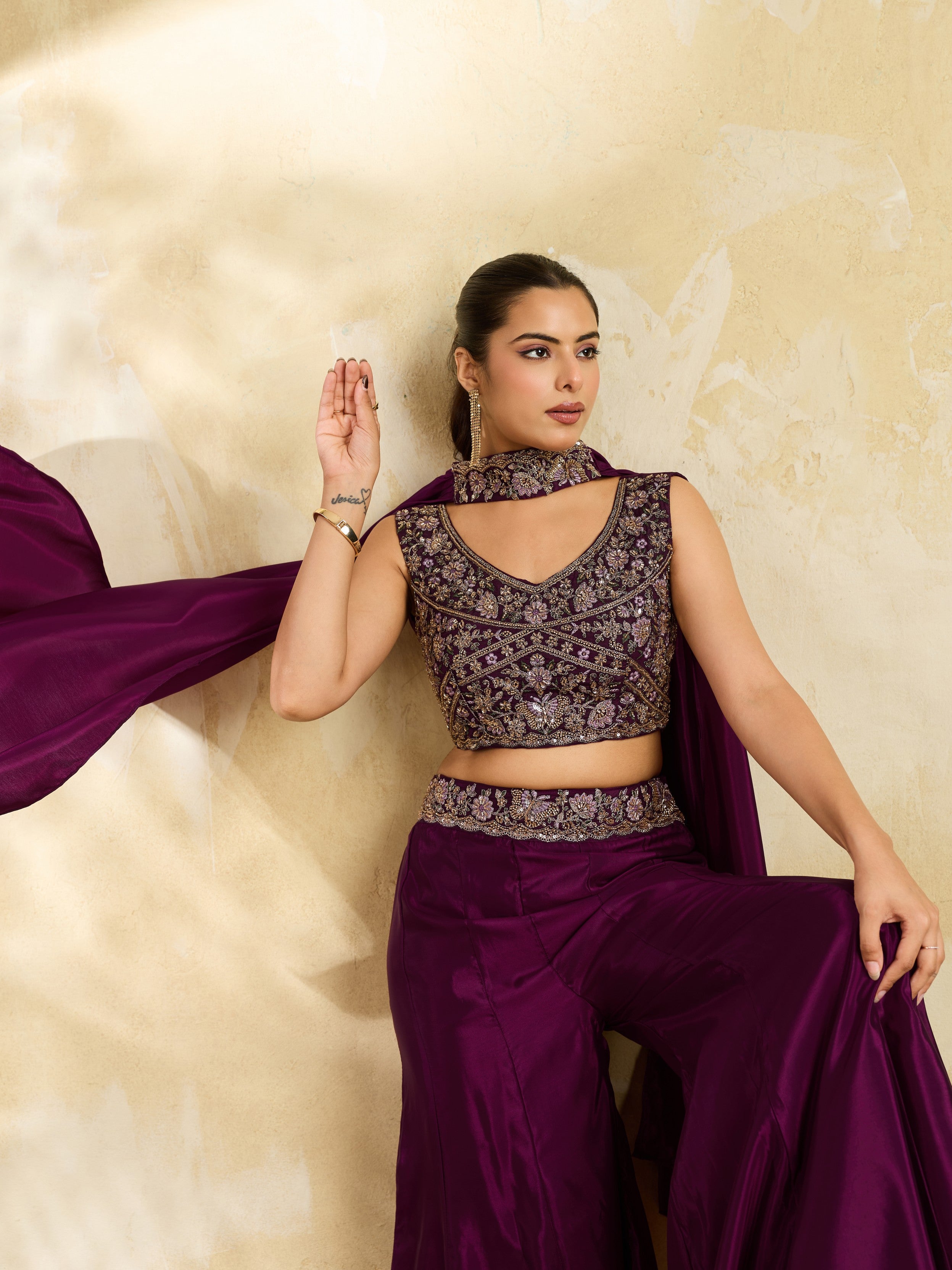 Deep Purple Embellished Premium Silk Palazzo Set