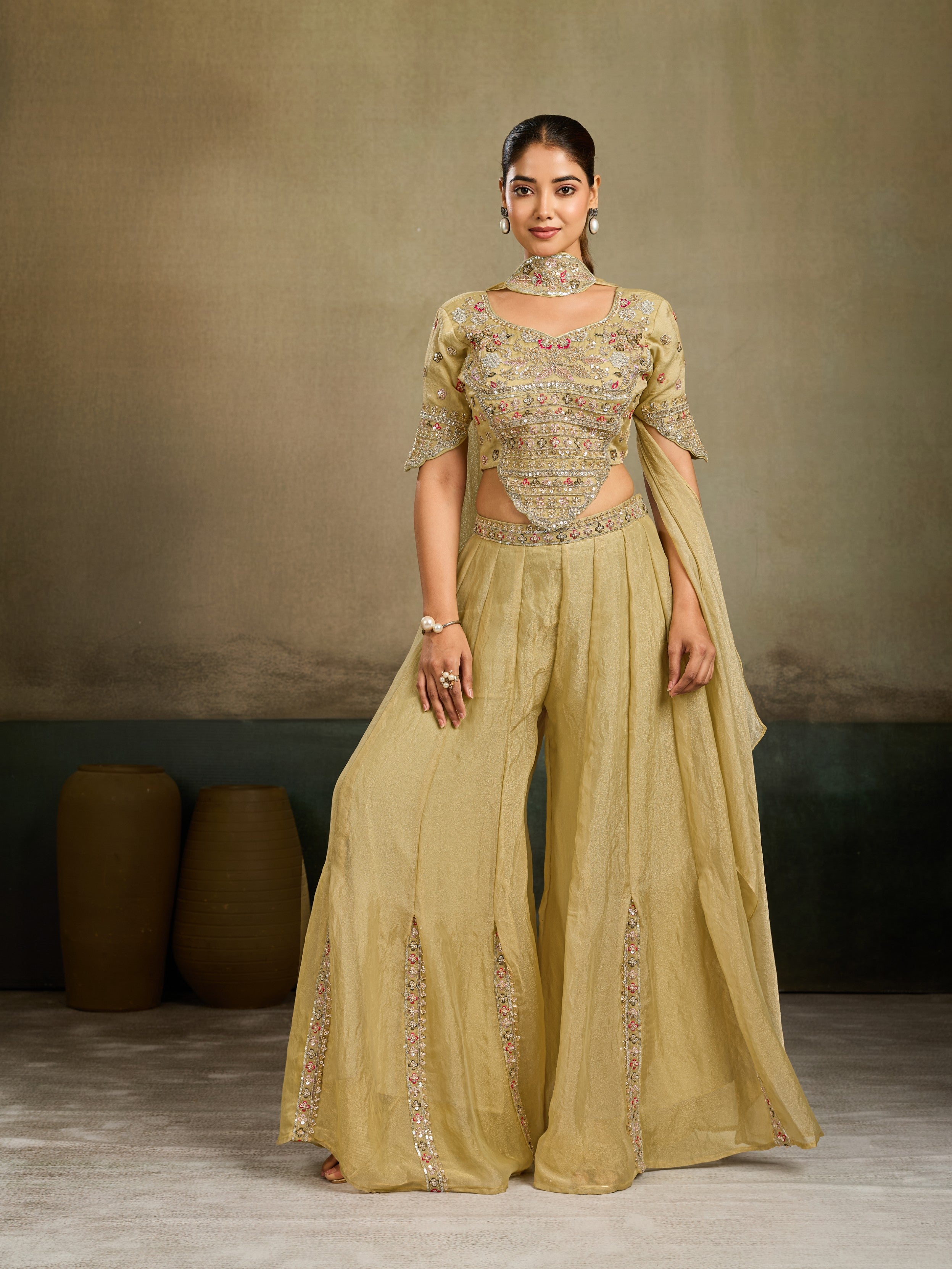 Olive Gold Embellished Shimmer Tissue Silk Palazzo Set