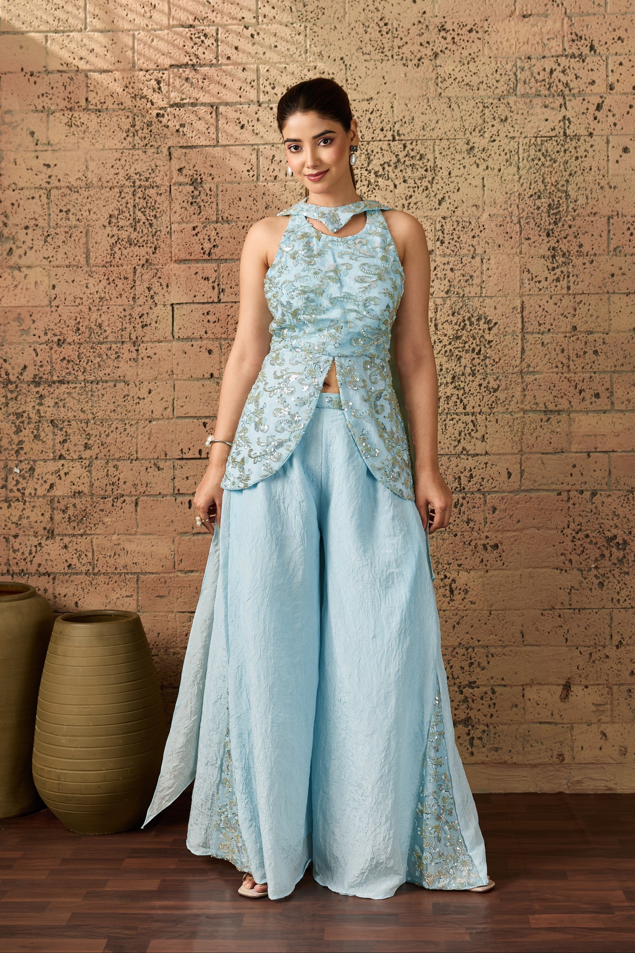 Ice Blue Embellished Crush Silk Palazzo Set
