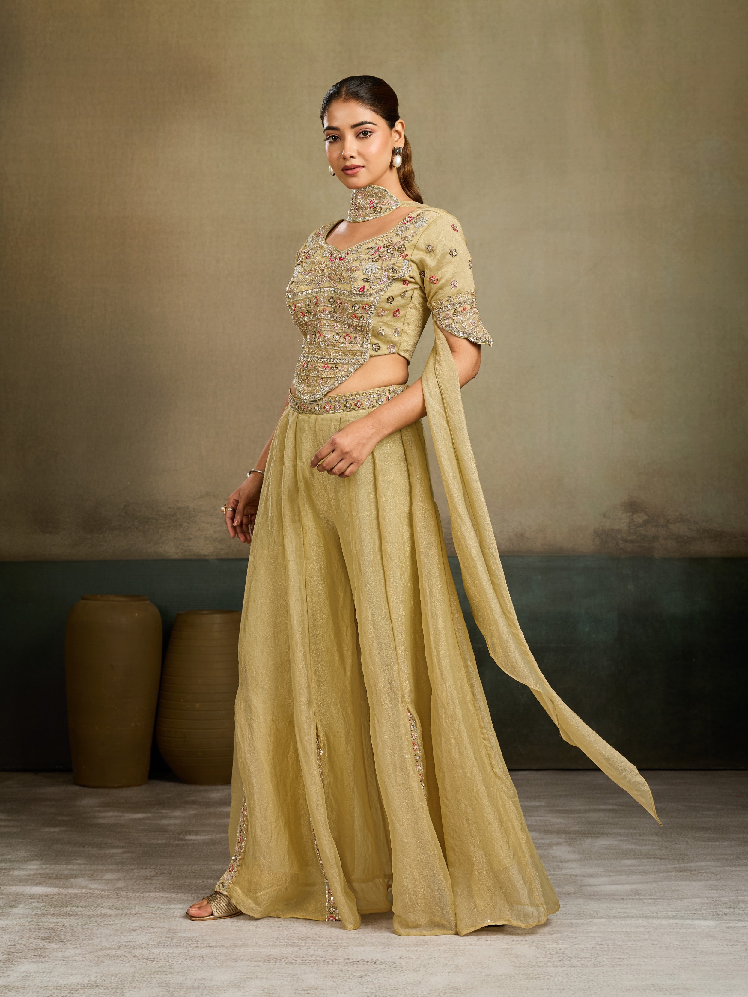 Olive Gold Embellished Shimmer Tissue Silk Palazzo Set