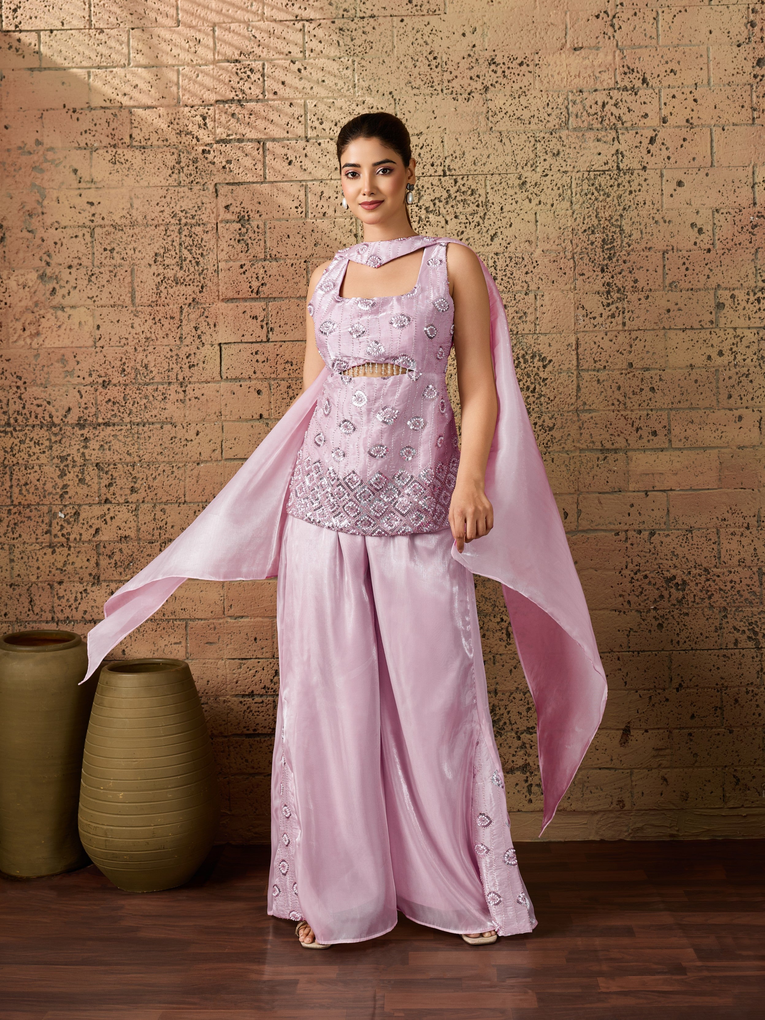 Lilac Embellished Organza Silk Palazzo Set