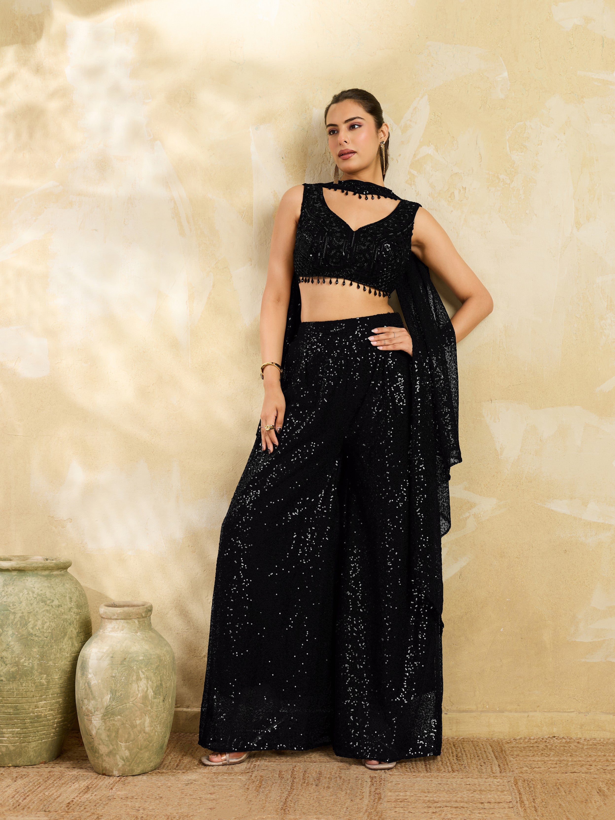 Black Sequin Premium Net Palazzo Set