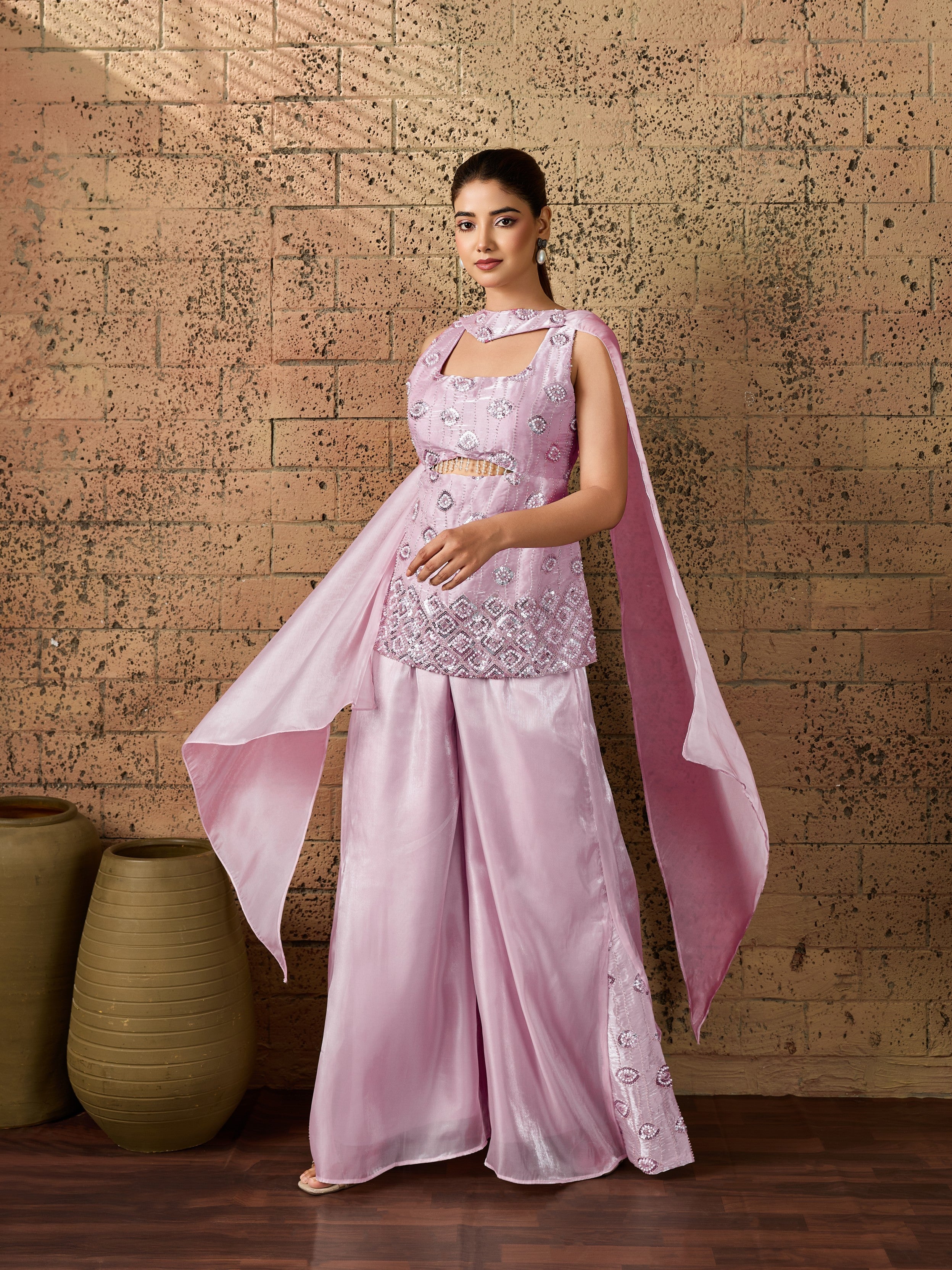Lilac Embellished Organza Silk Palazzo Set