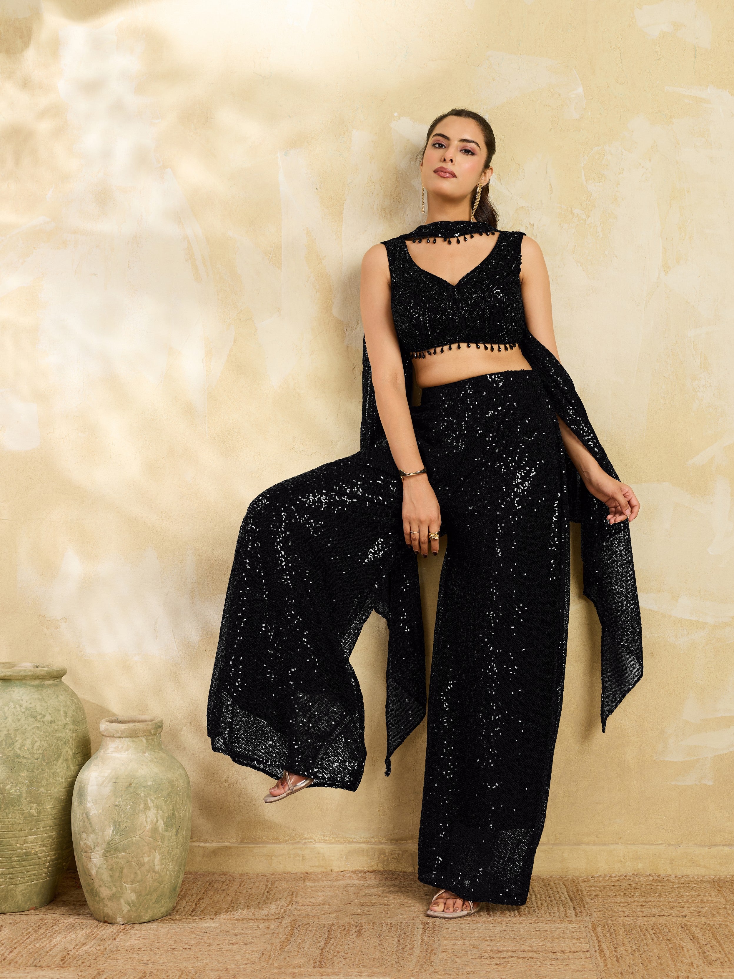 Black Sequin Premium Net Palazzo Set