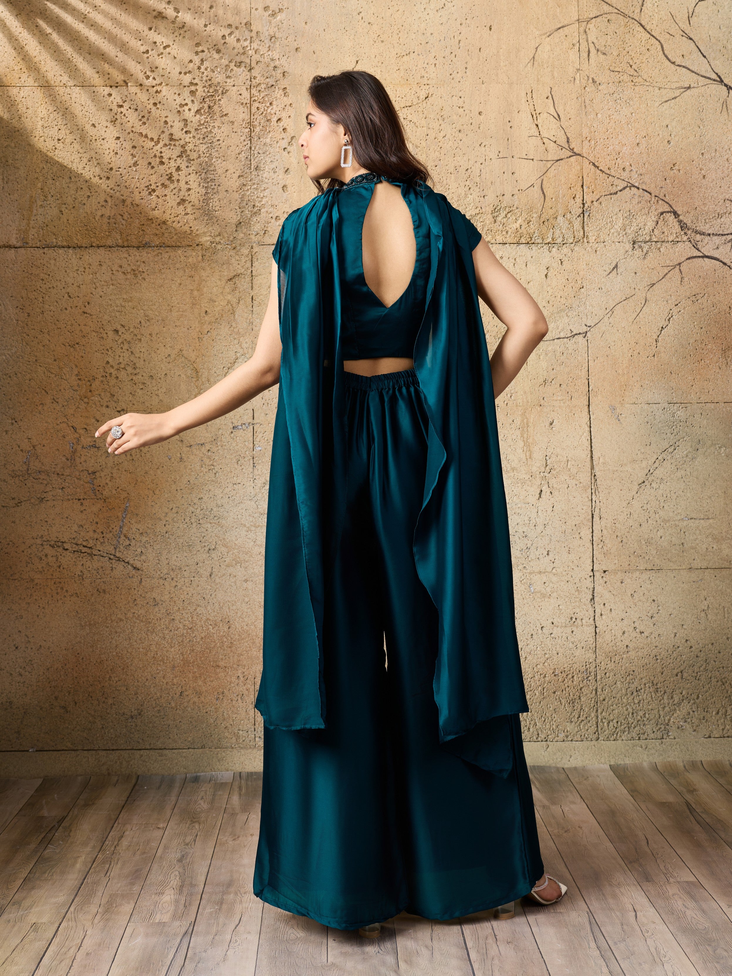 Deep Teal Embellished Satin Silk Palazzo Set