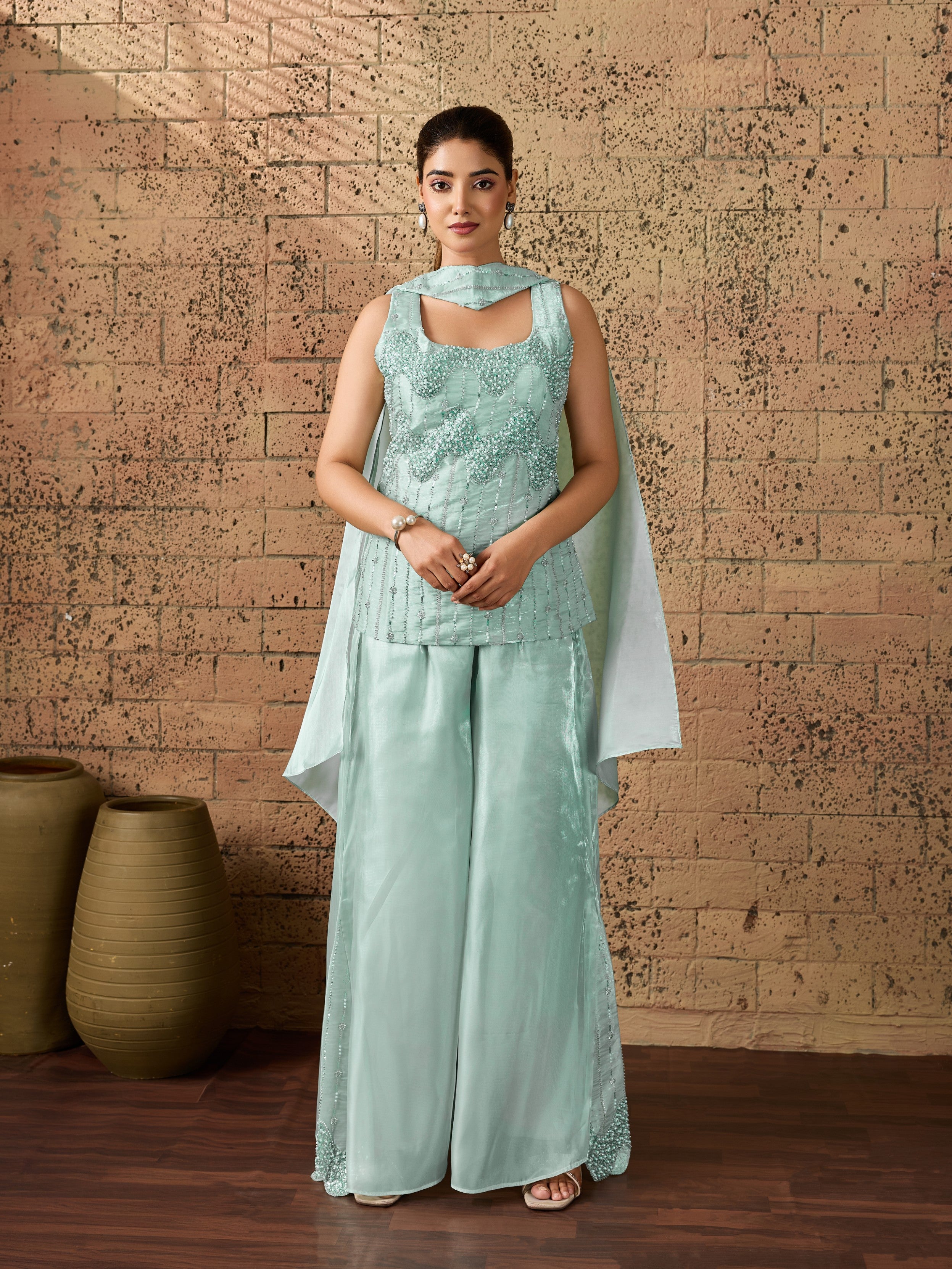 Mint Green Embellished Organza Silk Palazzo Set