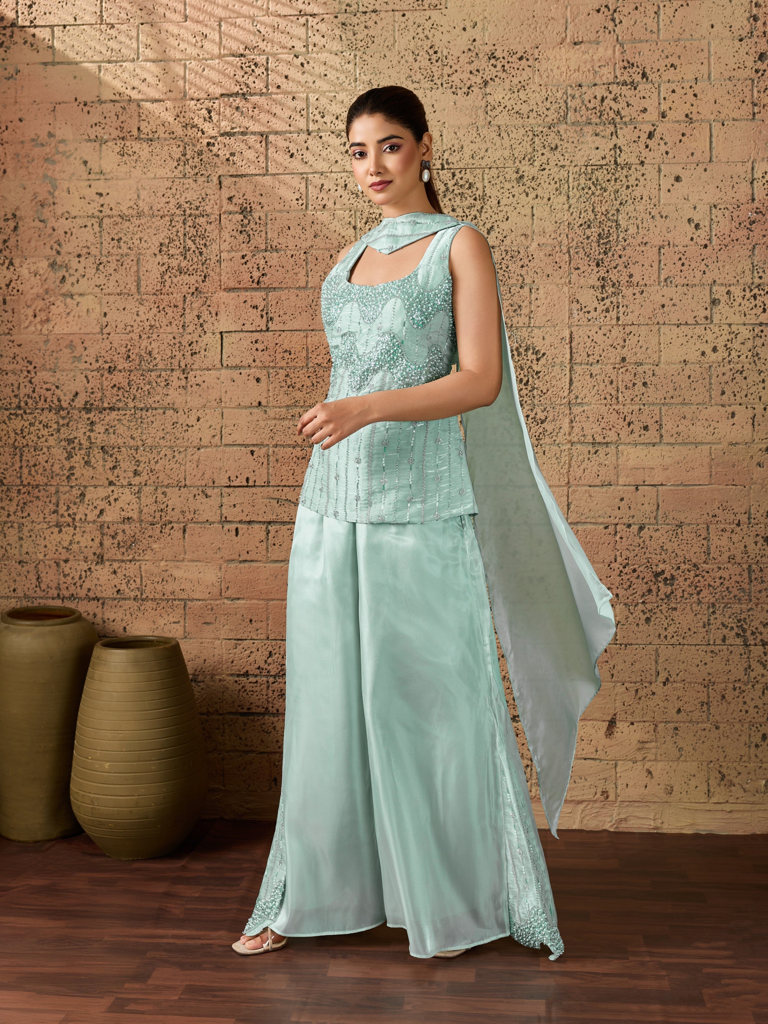 Mint Green Embellished Organza Silk Palazzo Set