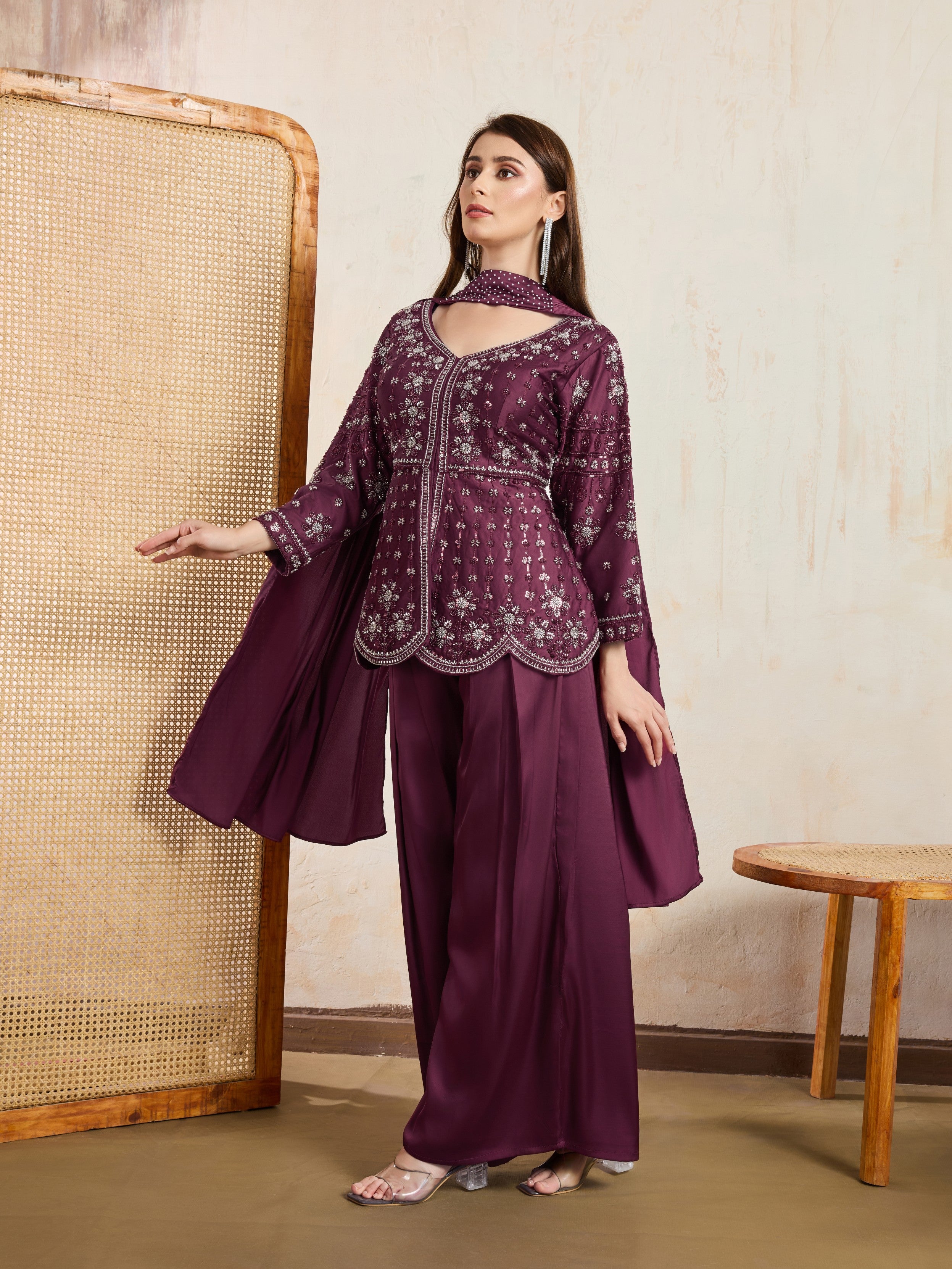 Plum Embellished Satin Silk Palazzo Set