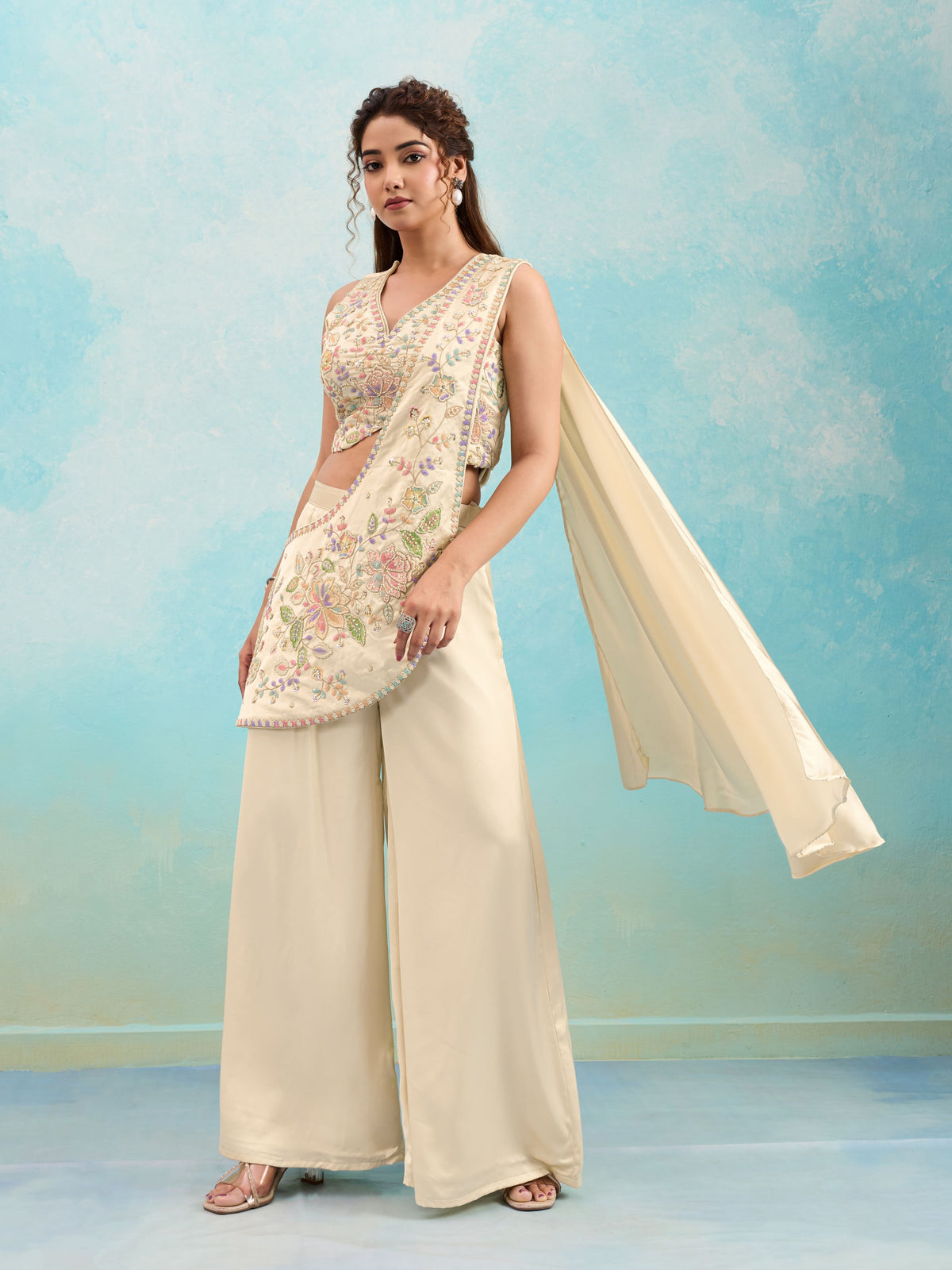 Off White Embellished Crepe Satin Silk Palazzo Set
