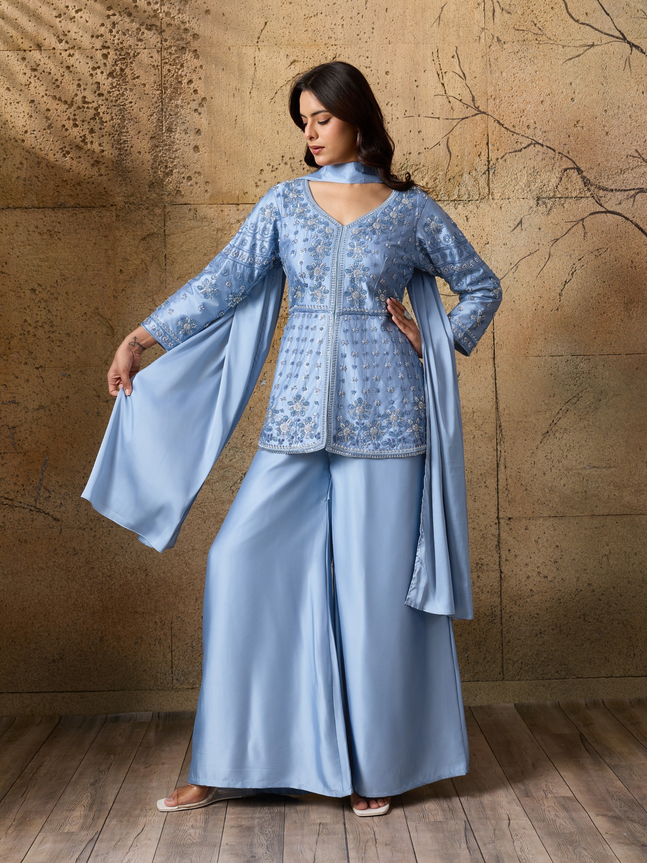 Powder Blue Embellished Satin Silk Palazzo Set