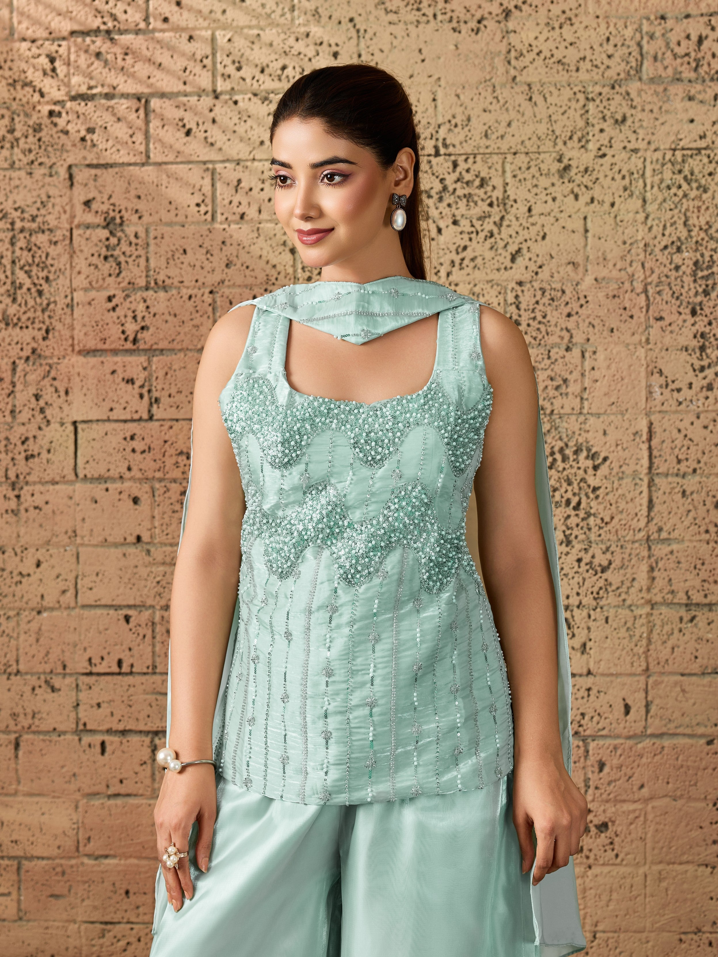 Mint Green Embellished Organza Silk Palazzo Set