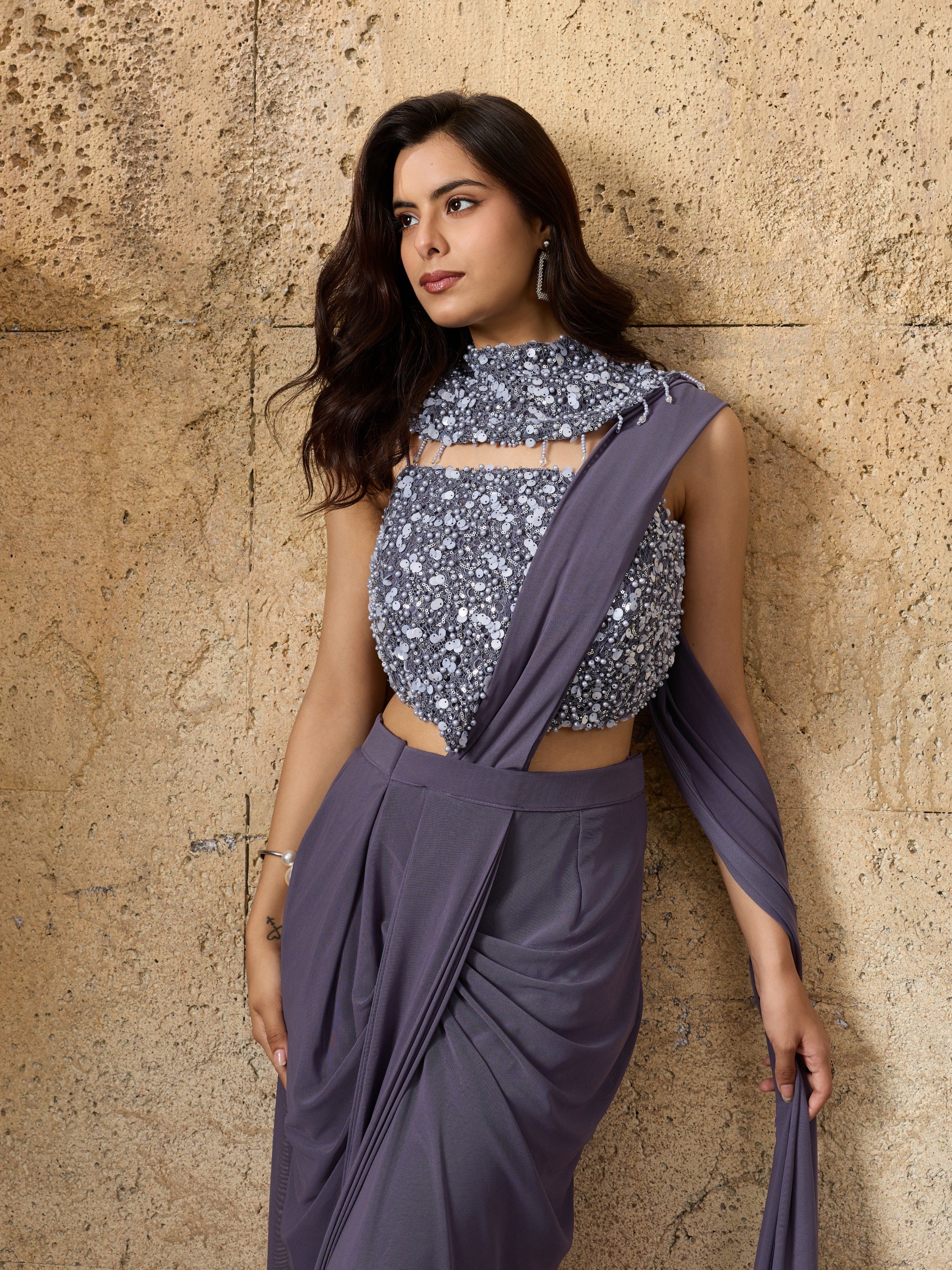 Slate Grey Embellished Pre-Draped Net Saree