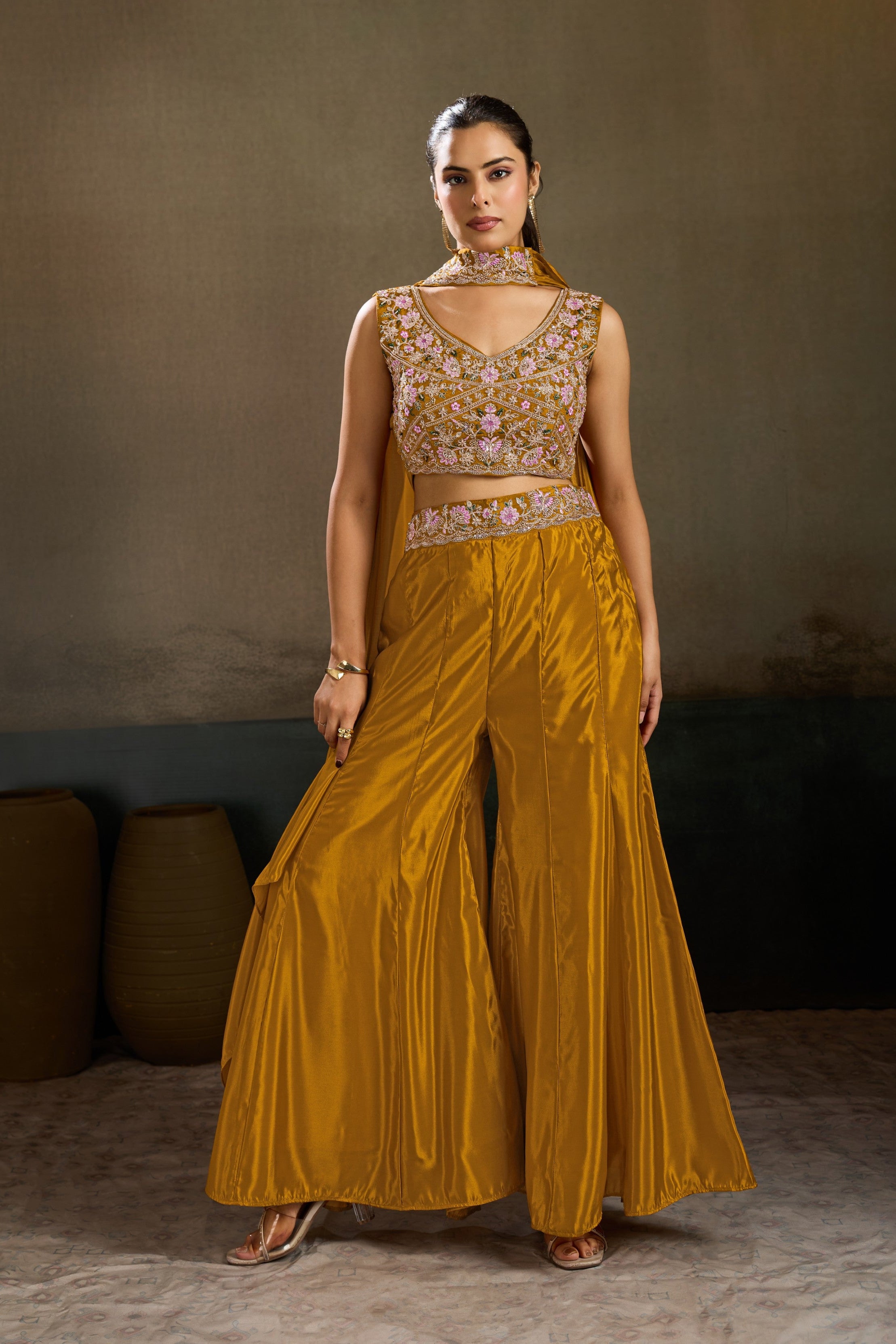 Mustard Yellow Embellished Premium Silk Palazzo Set