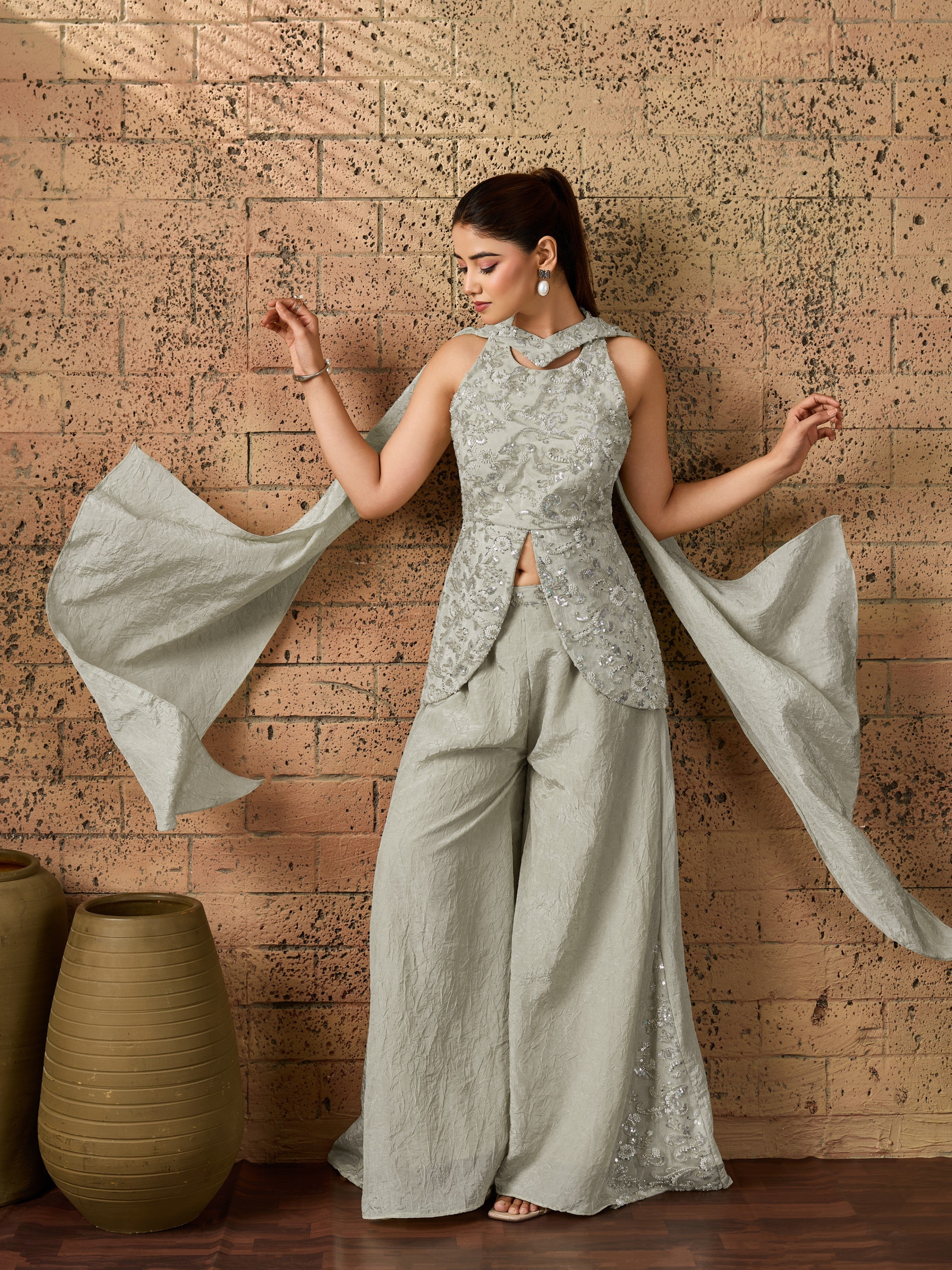 Silver-Grey Embellished Crush Silk Palazzo Set
