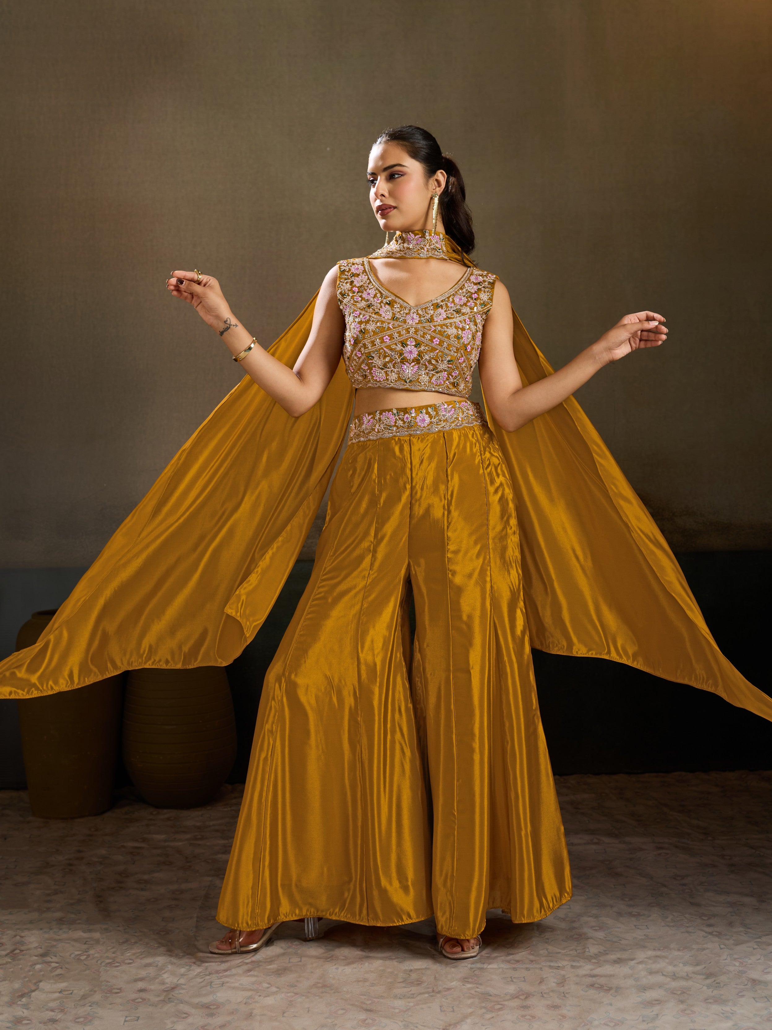 Mustard Yellow Embellished Premium Silk Palazzo Set