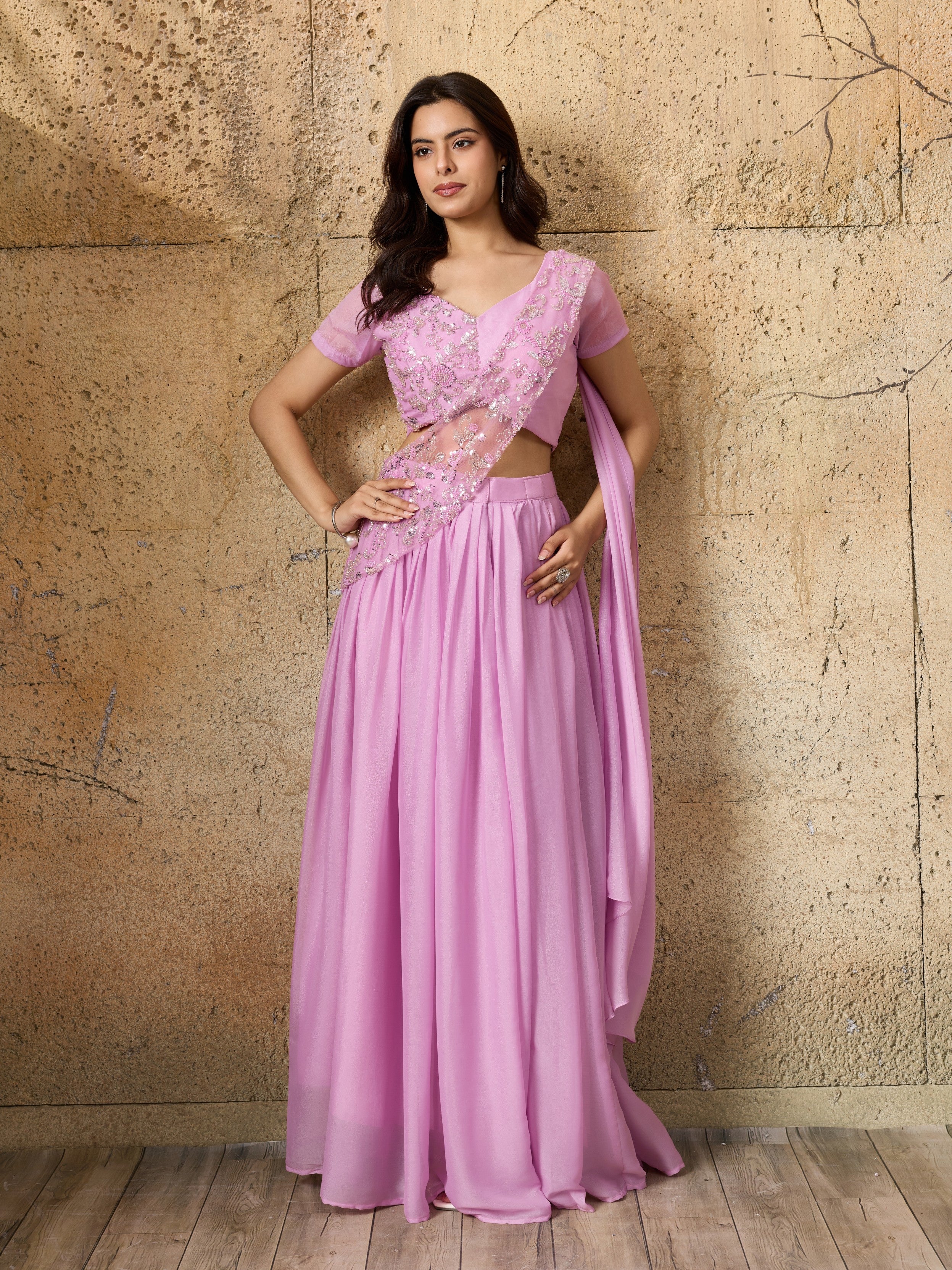 Soft Lilac Embellished Shimmer Silk Skirt Set