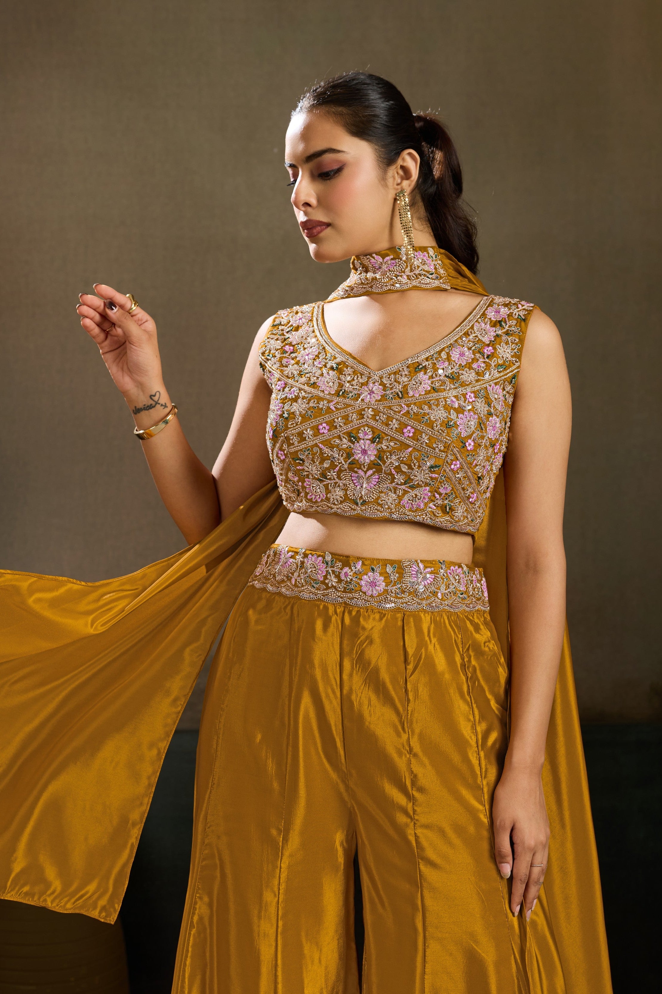Mustard Yellow Embellished Premium Silk Palazzo Set