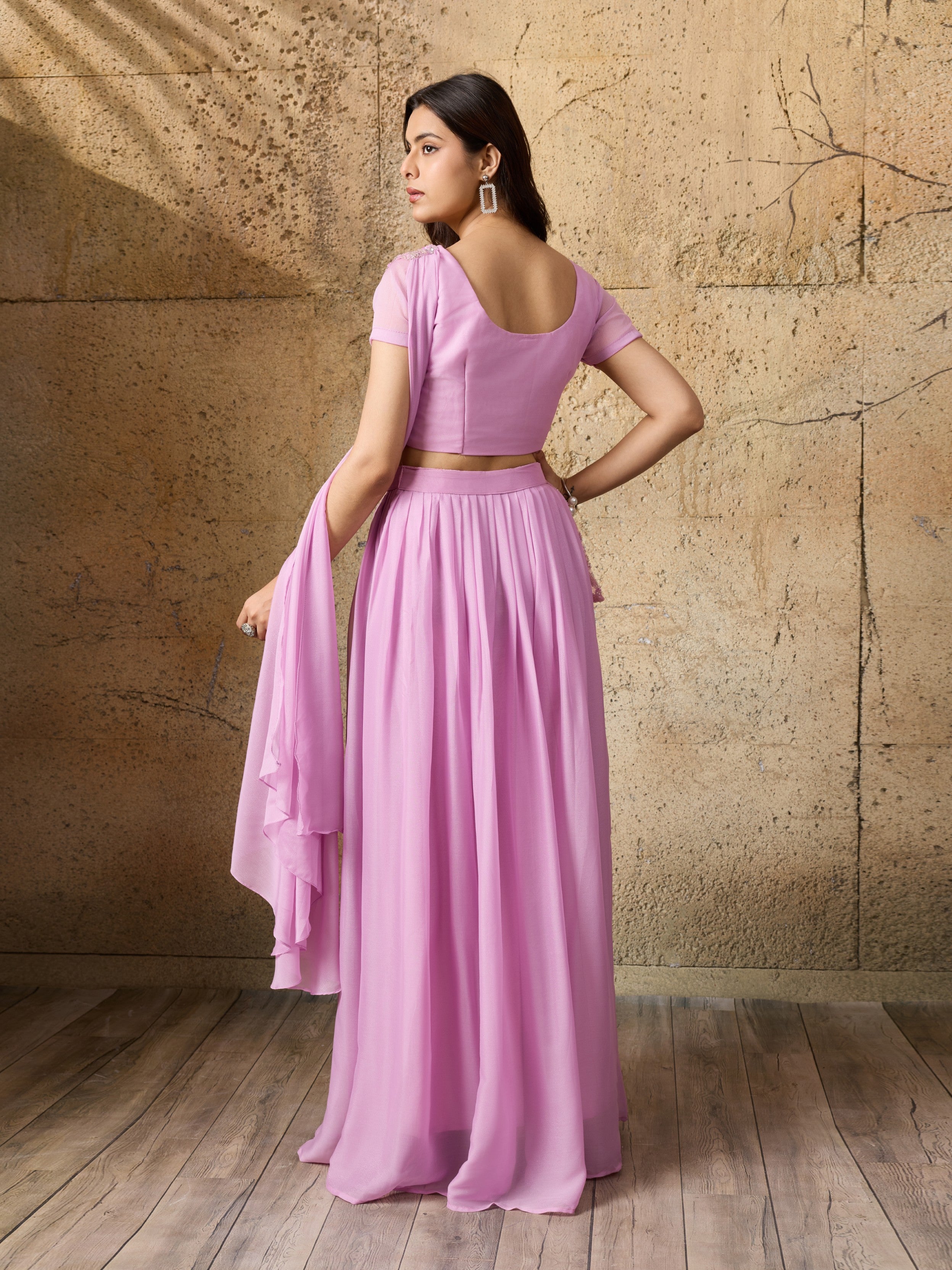 Soft Lilac Embellished Shimmer Silk Skirt Set