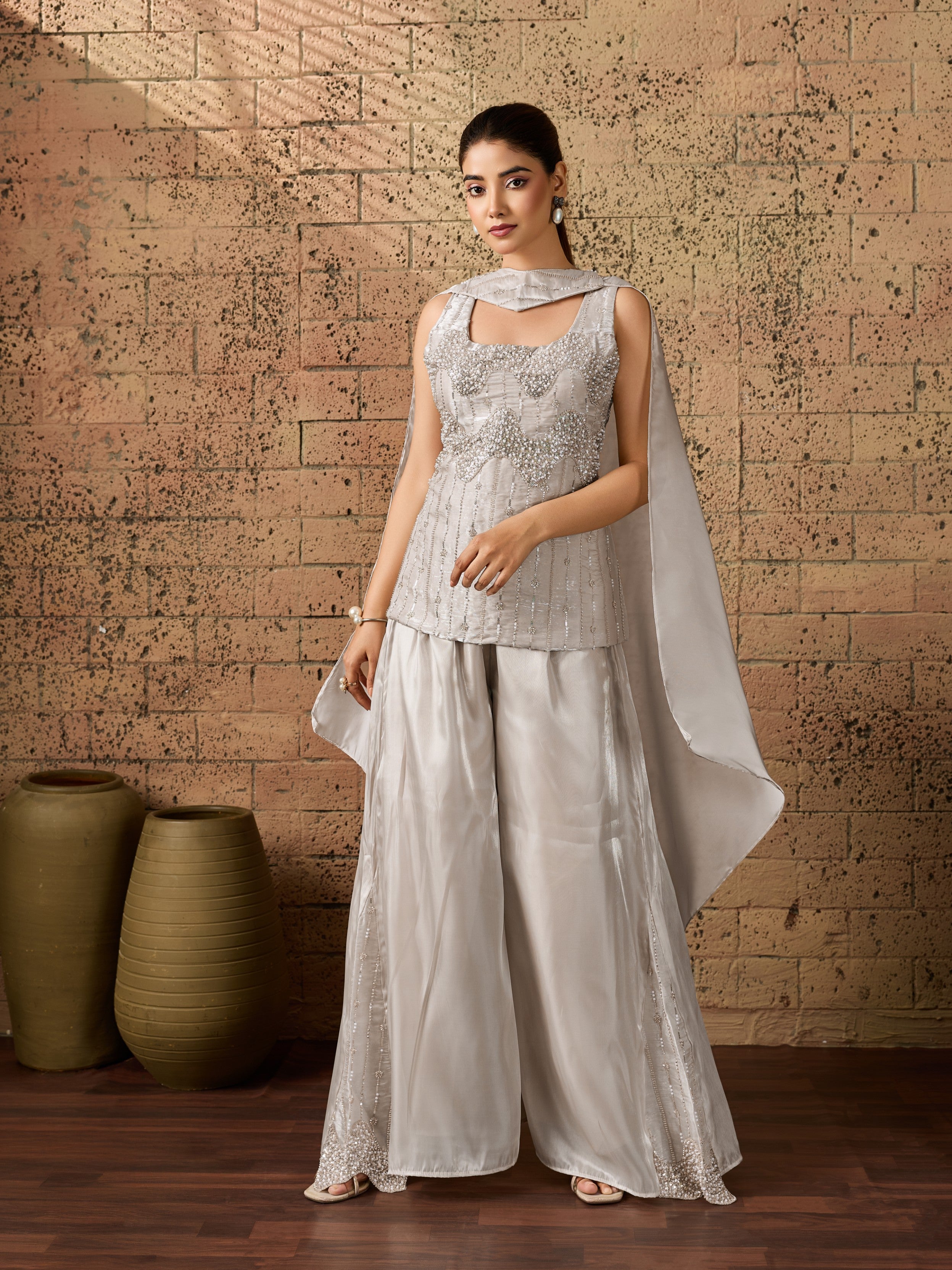 Dove Grey Embellished Organza Silk Palazzo Set
