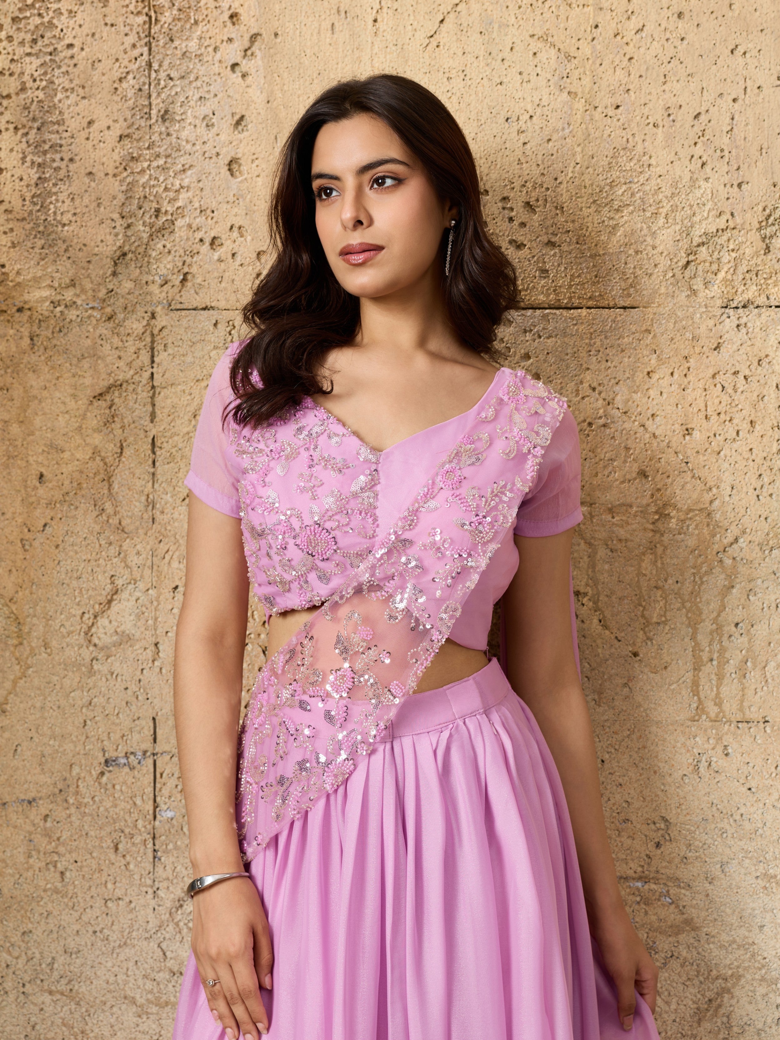 Soft Lilac Embellished Shimmer Silk Skirt Set