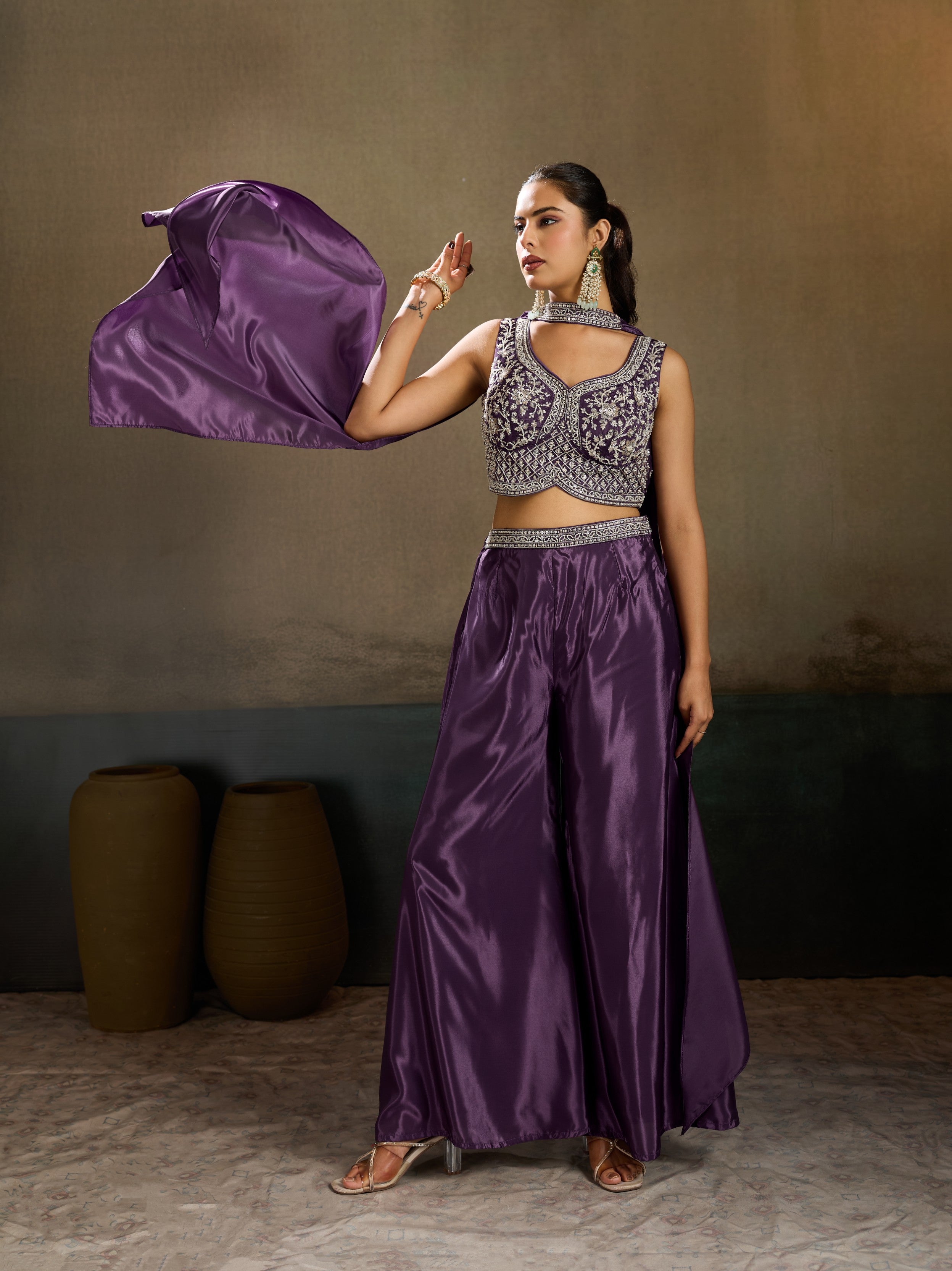 Royal Purple Embellished Premium Silk Palazzo Set