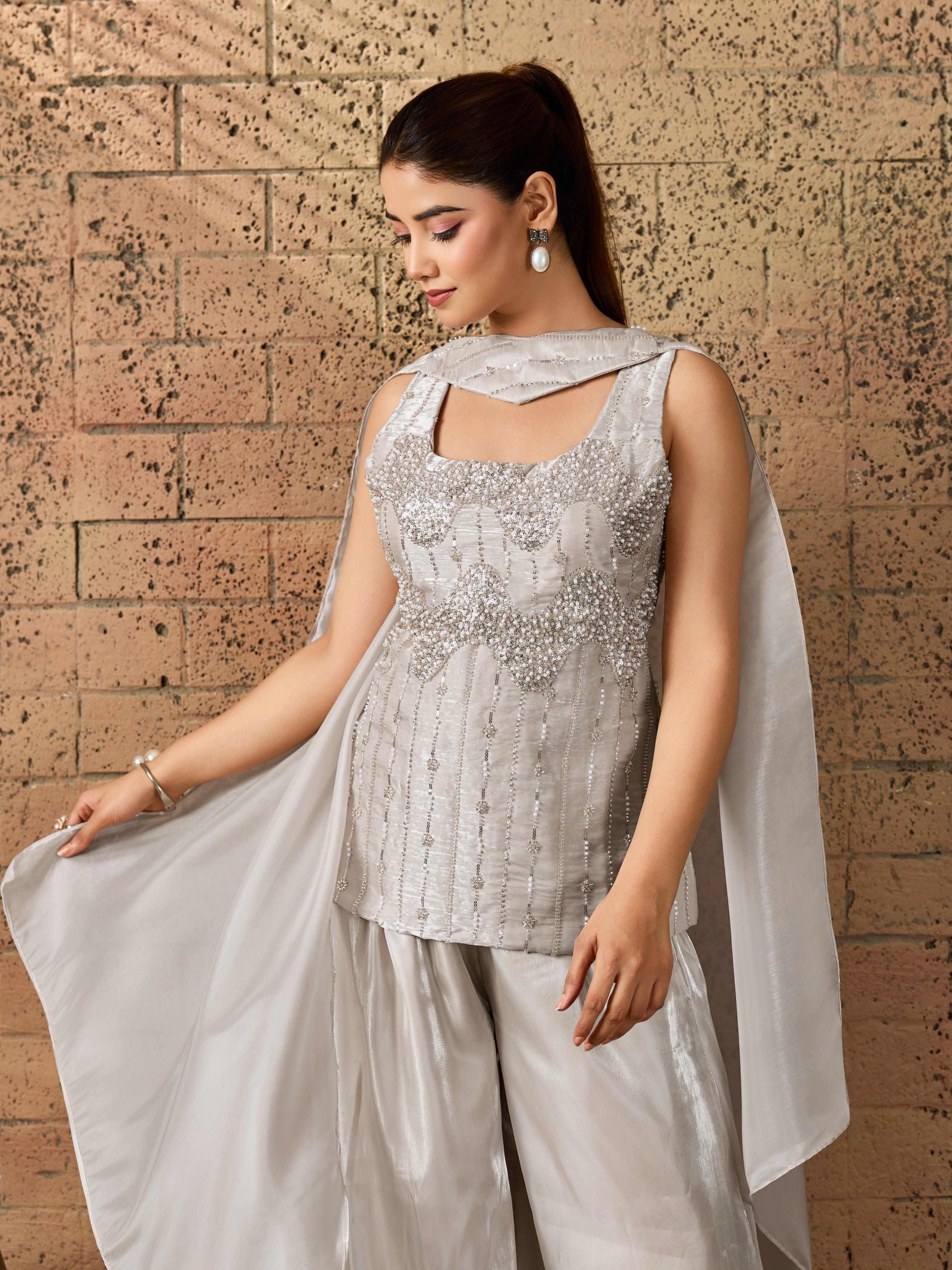 Dove Grey Embellished Organza Silk Palazzo Set