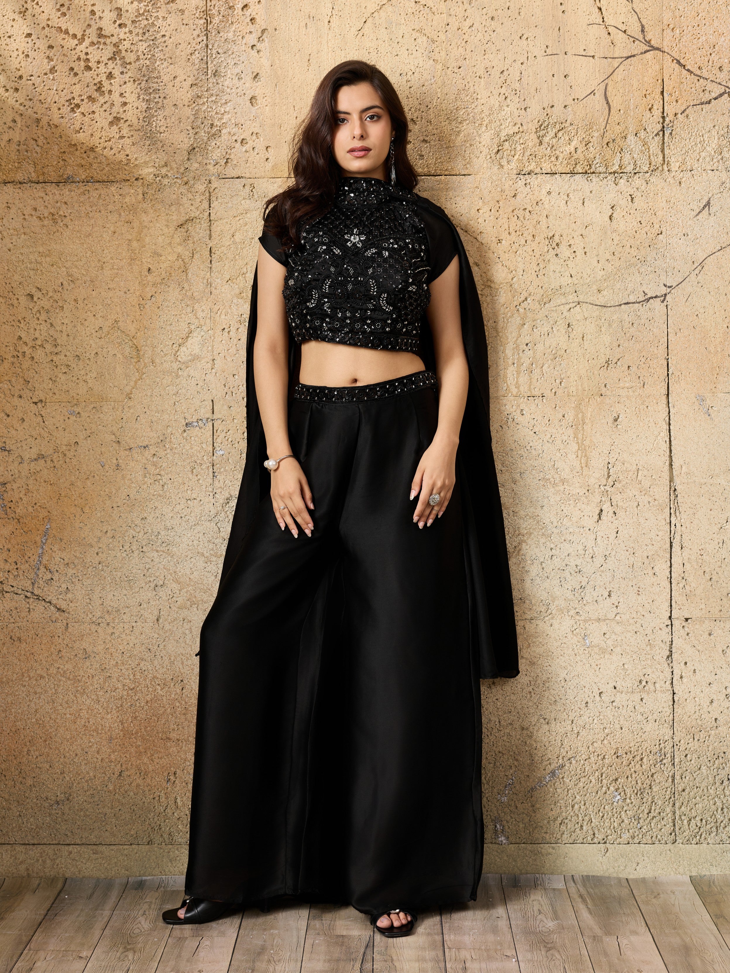 Deep Black Embellished Satin Silk Palazzo Set