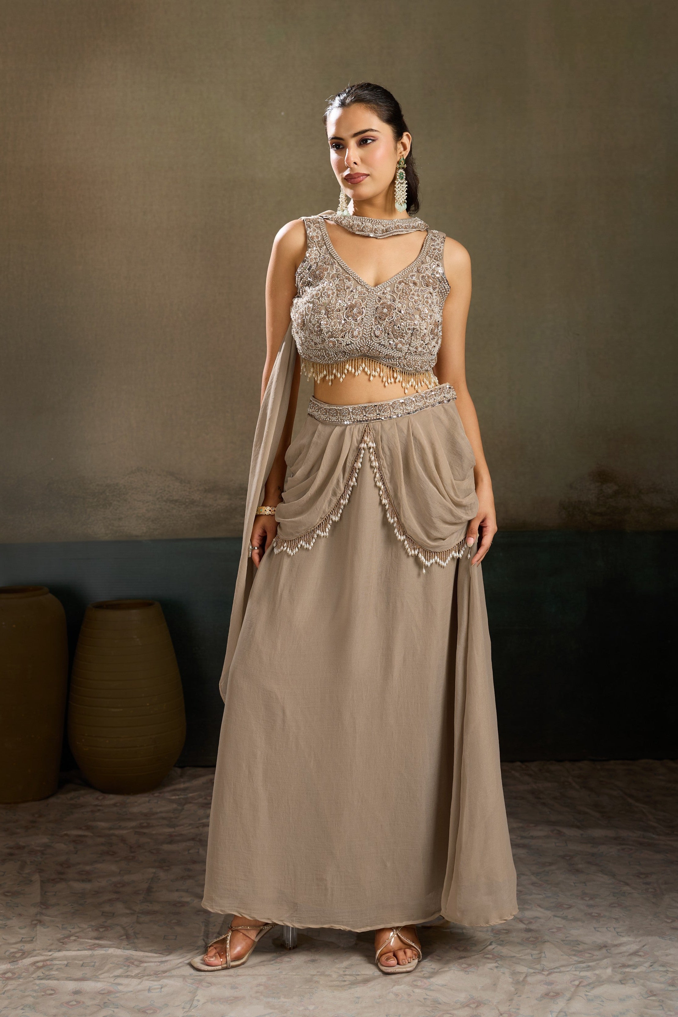 Taupe Embellished Chinon Silk Skirt Set