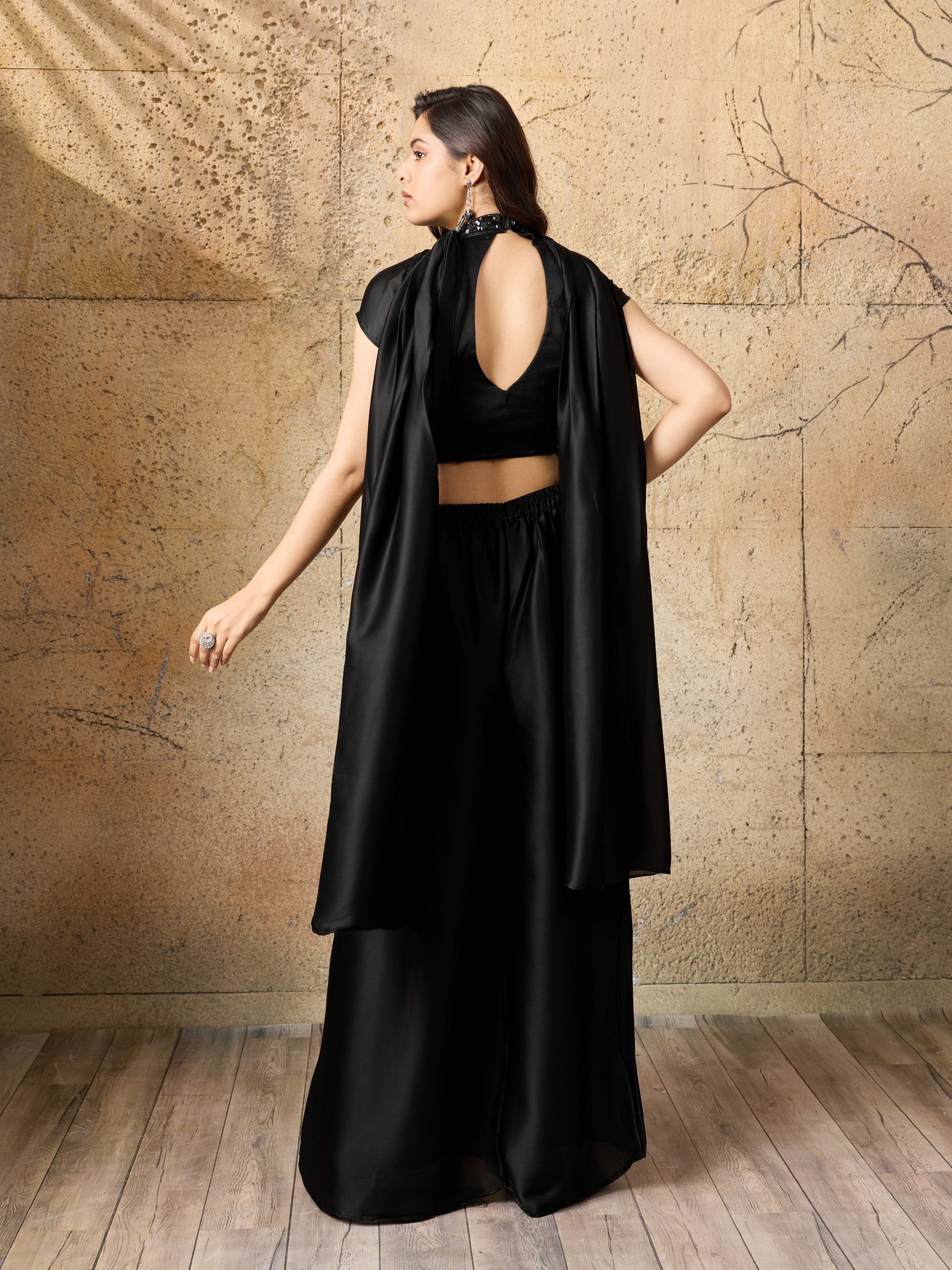 Deep Black Embellished Satin Silk Palazzo Set