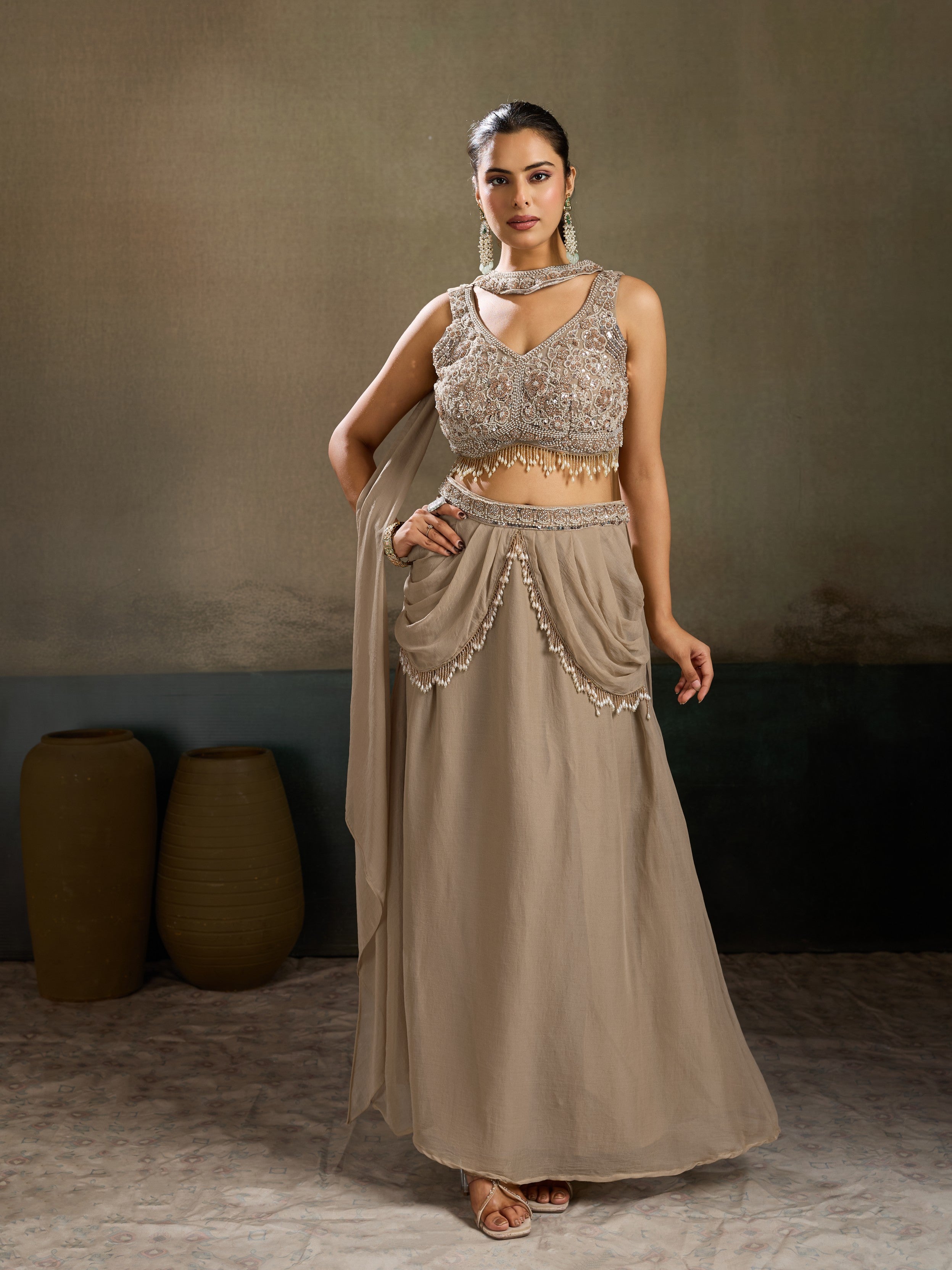 Taupe Embellished Chinon Silk Skirt Set