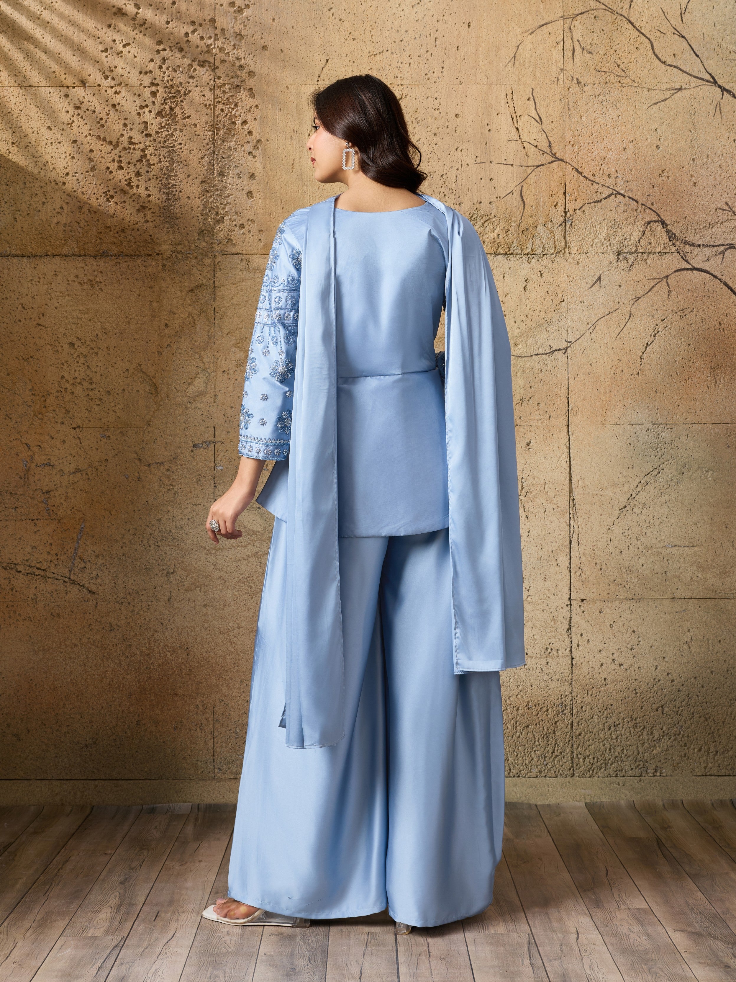 Powder Blue Embellished Satin Silk Palazzo Set