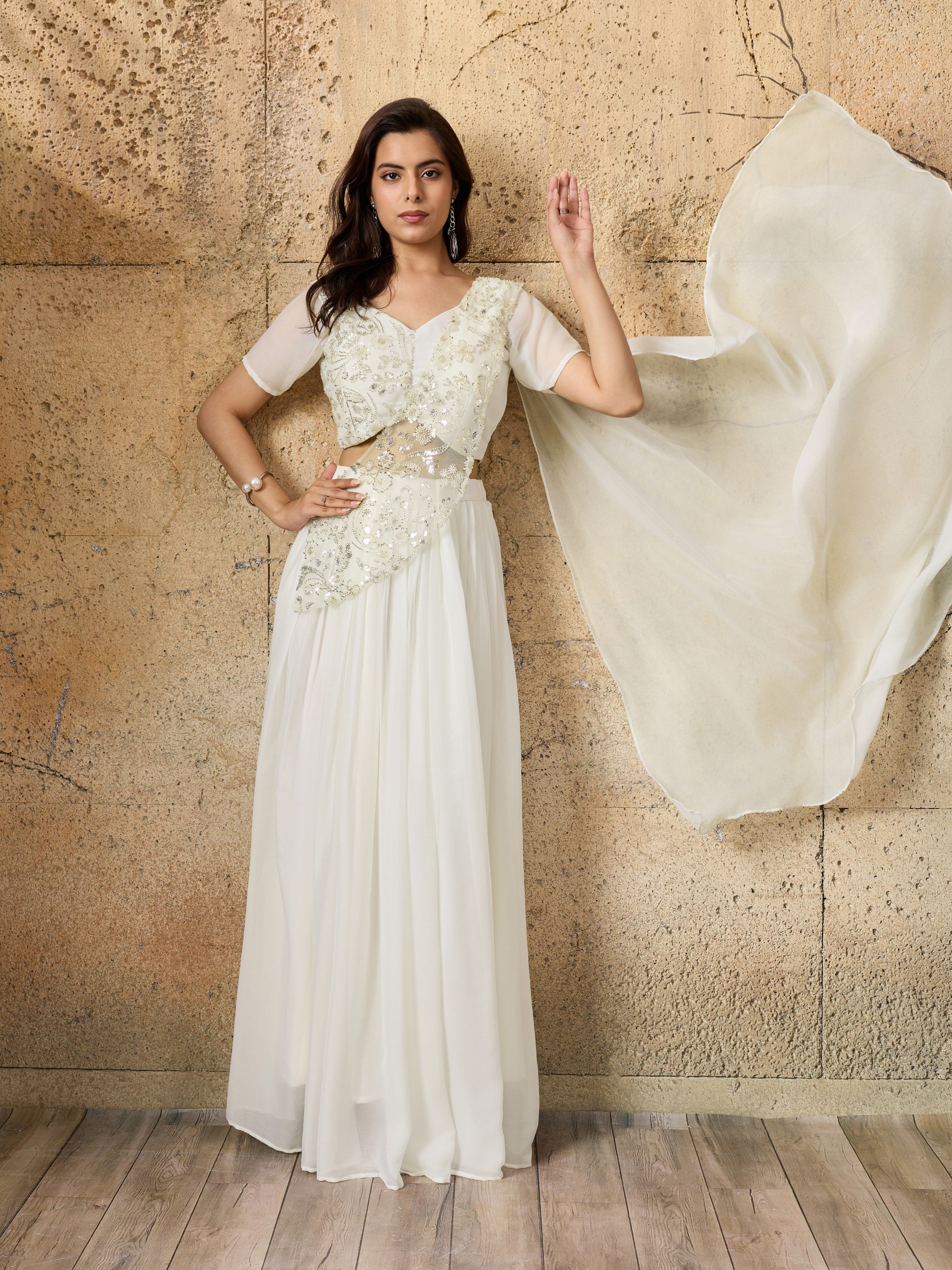 Ivory Embellished Shimmer Silk Skirt Set