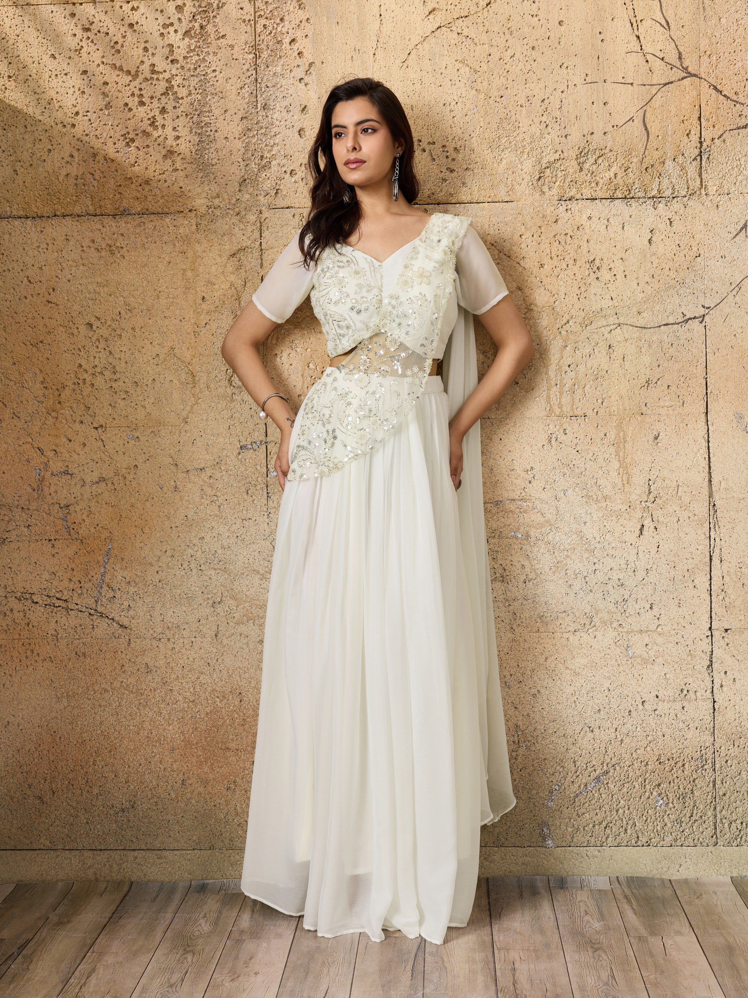 Ivory Embellished Shimmer Silk Skirt Set