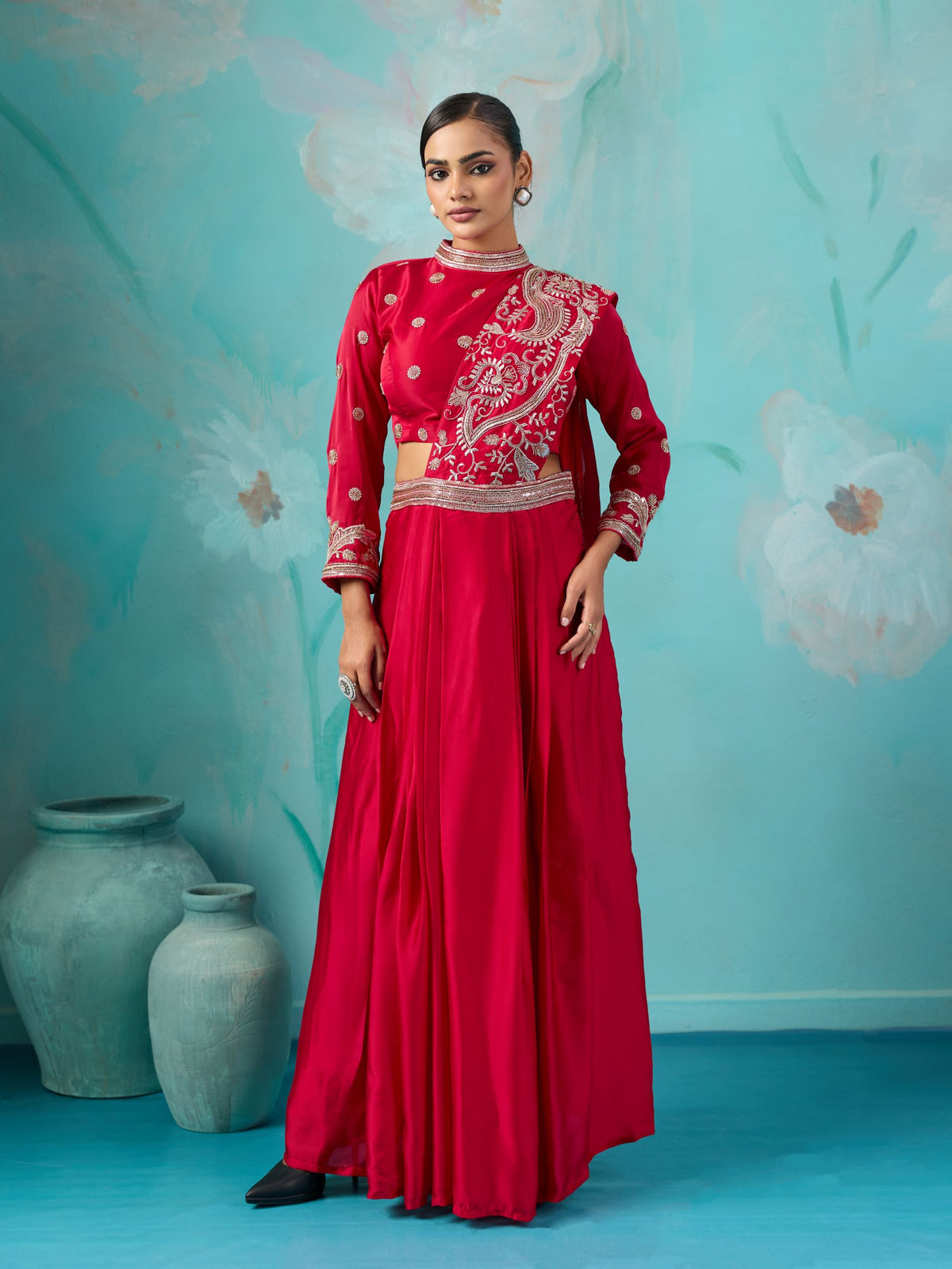 Ruby Red Embellished Premium Silk Skirt Set