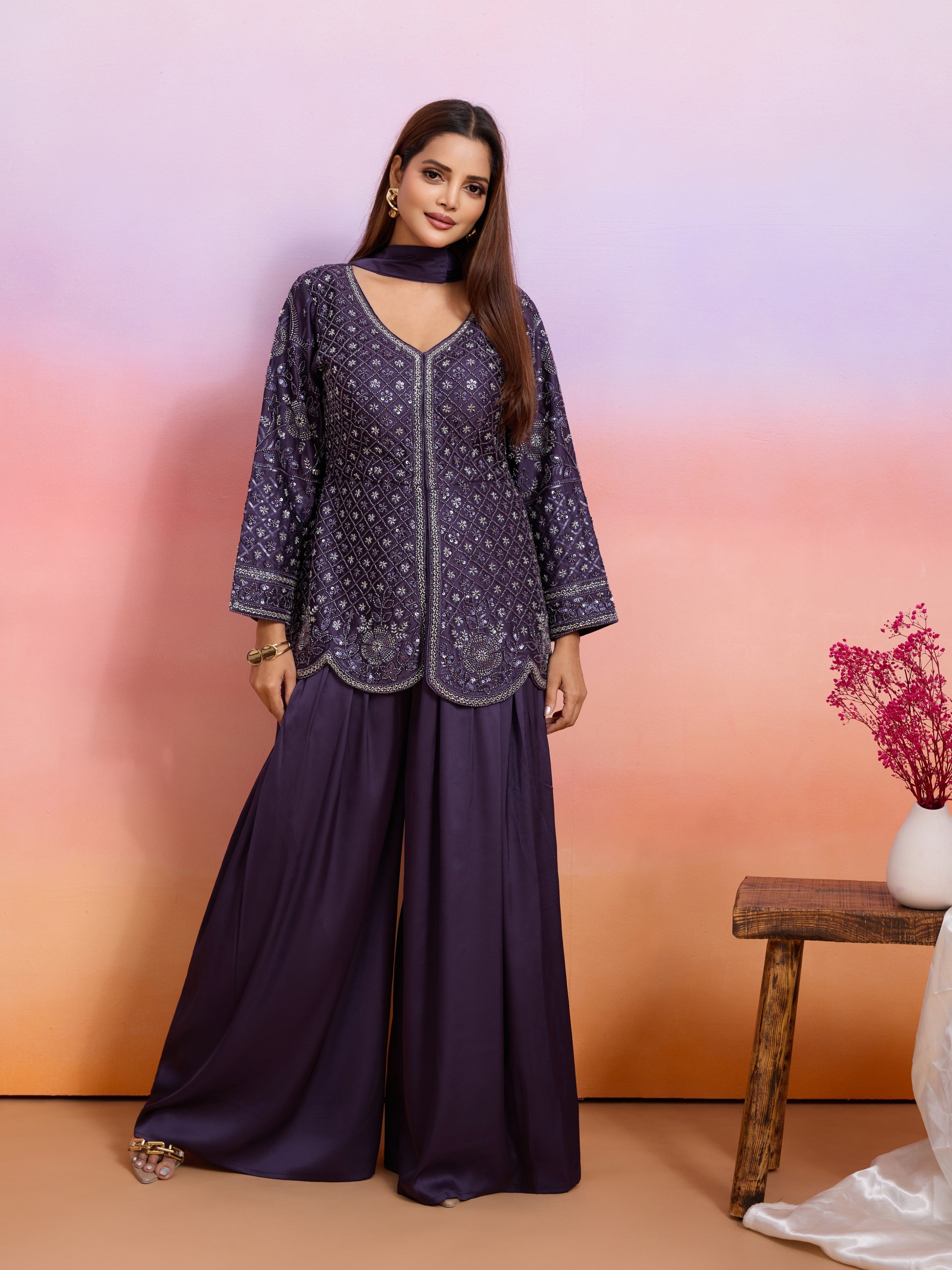 Deep Plum Embellished Satin Silk Palazzo Set