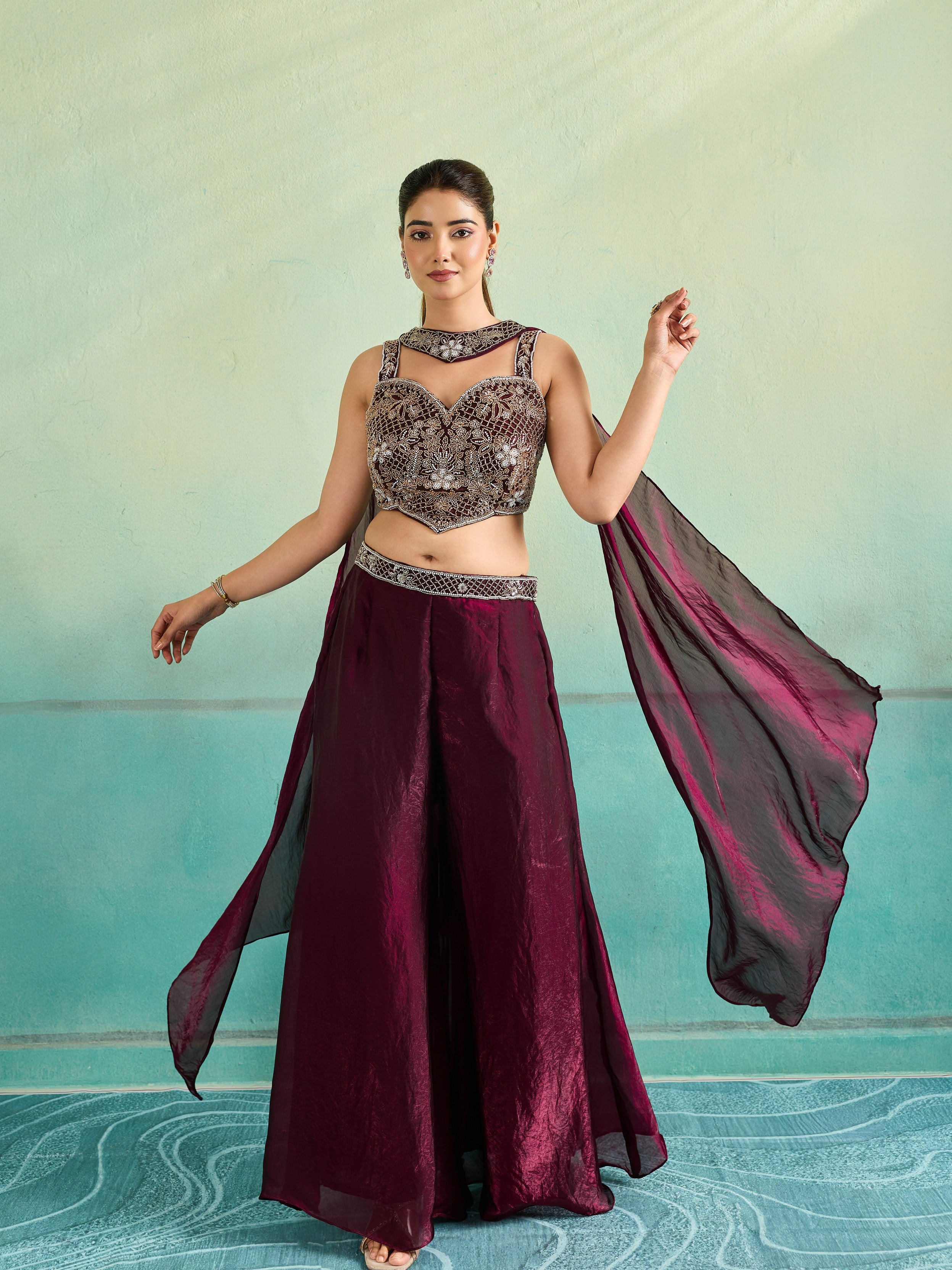 Regal Wine Embellished Organza Silk Palazzo Set