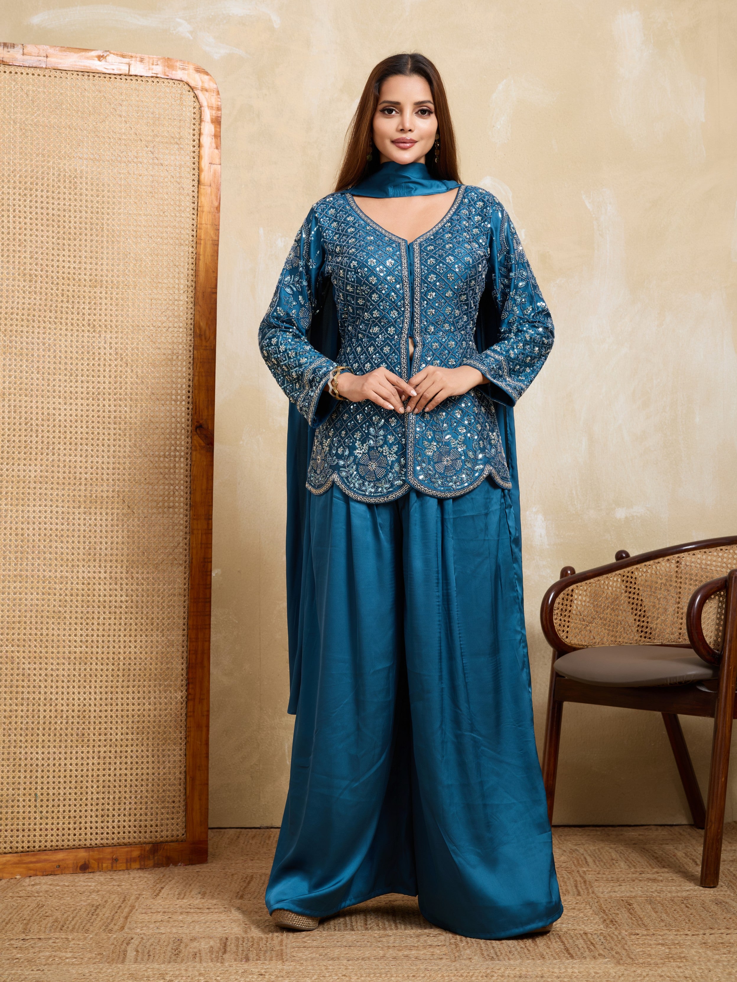 Teal Blue Embellished Satin Silk Palazzo Set