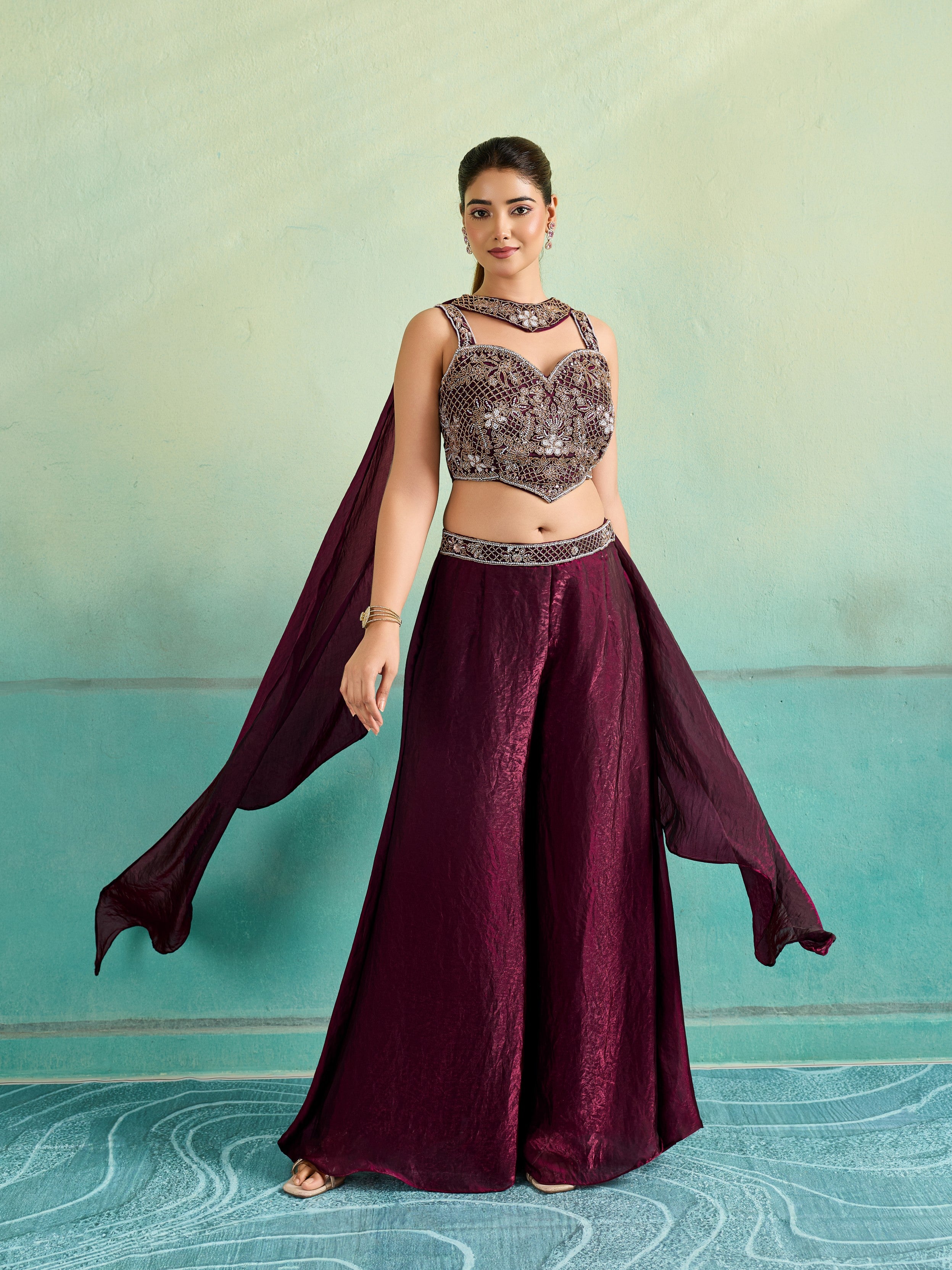 Regal Wine Embellished Organza Silk Palazzo Set