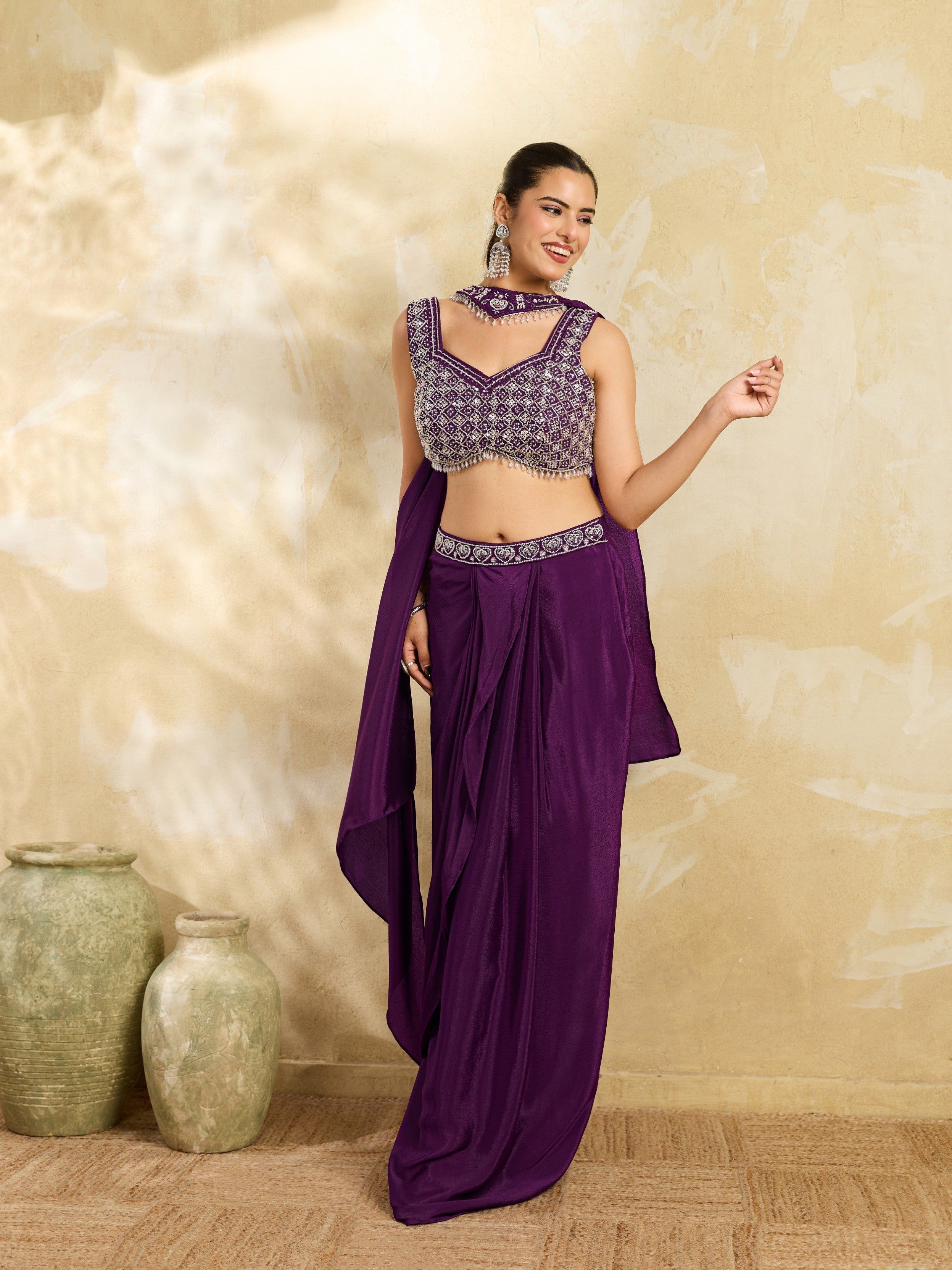Rich Purple Embellished Chinon Silk Skirt Set