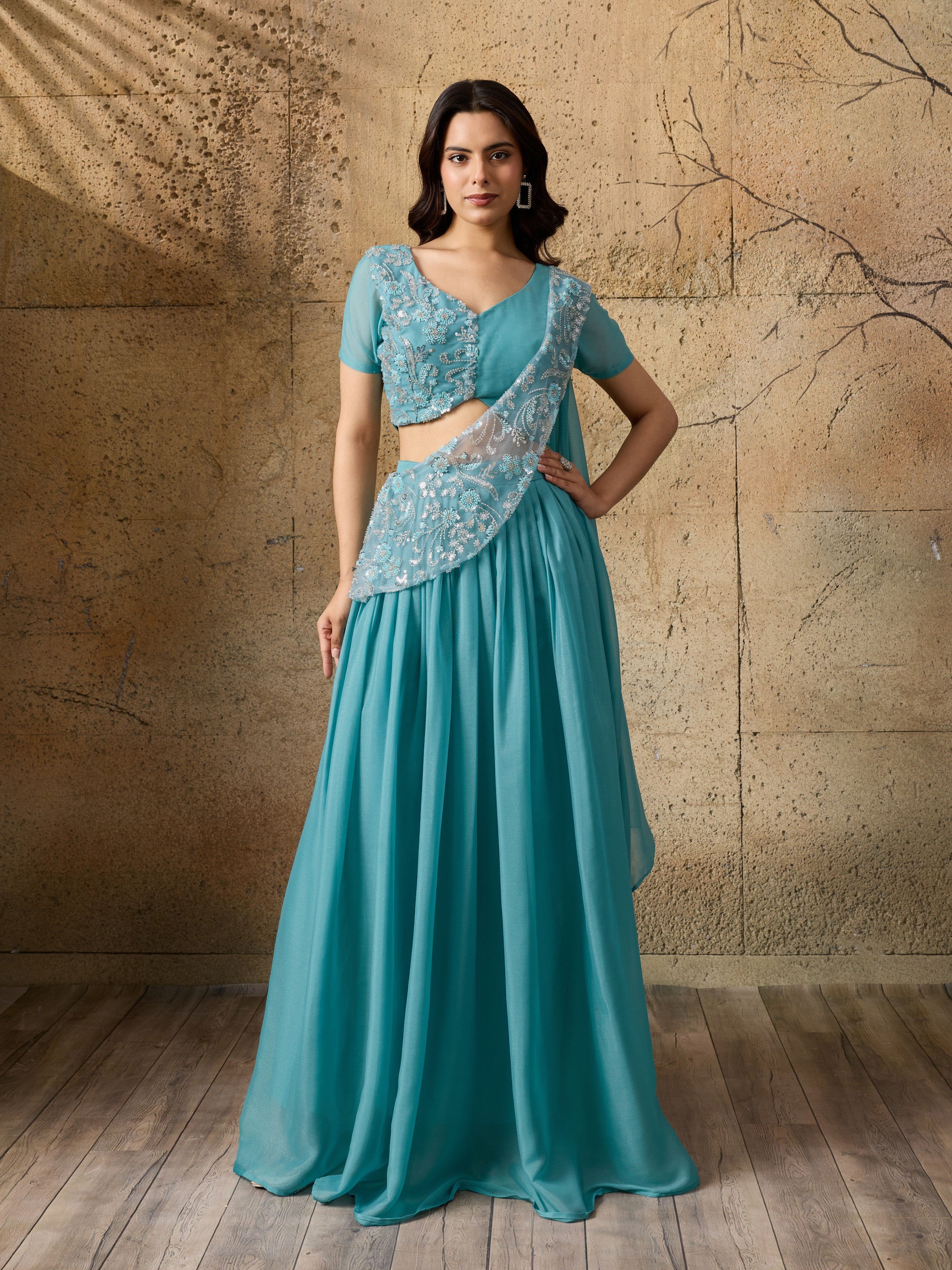 Powder Blue Embellished Shimmer Silk Skirt Set