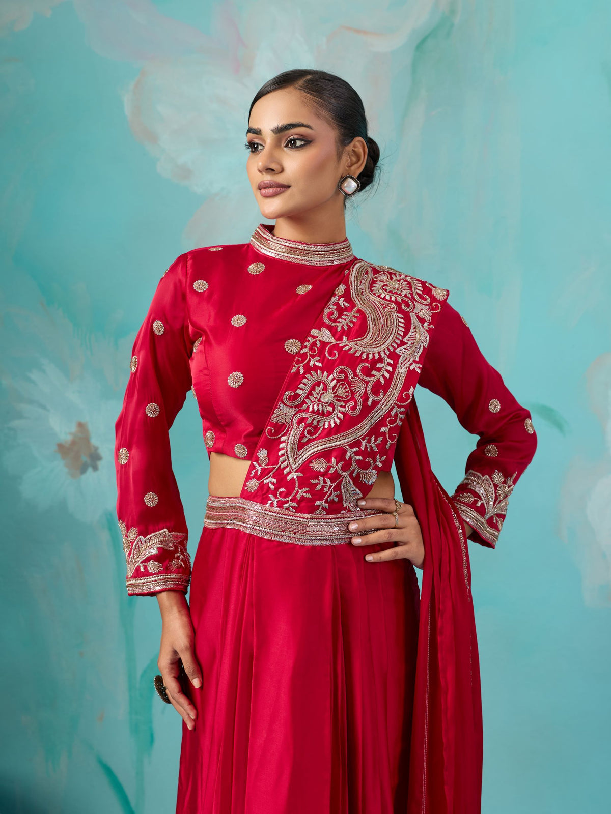 Ruby Red Embellished Premium Silk Skirt Set
