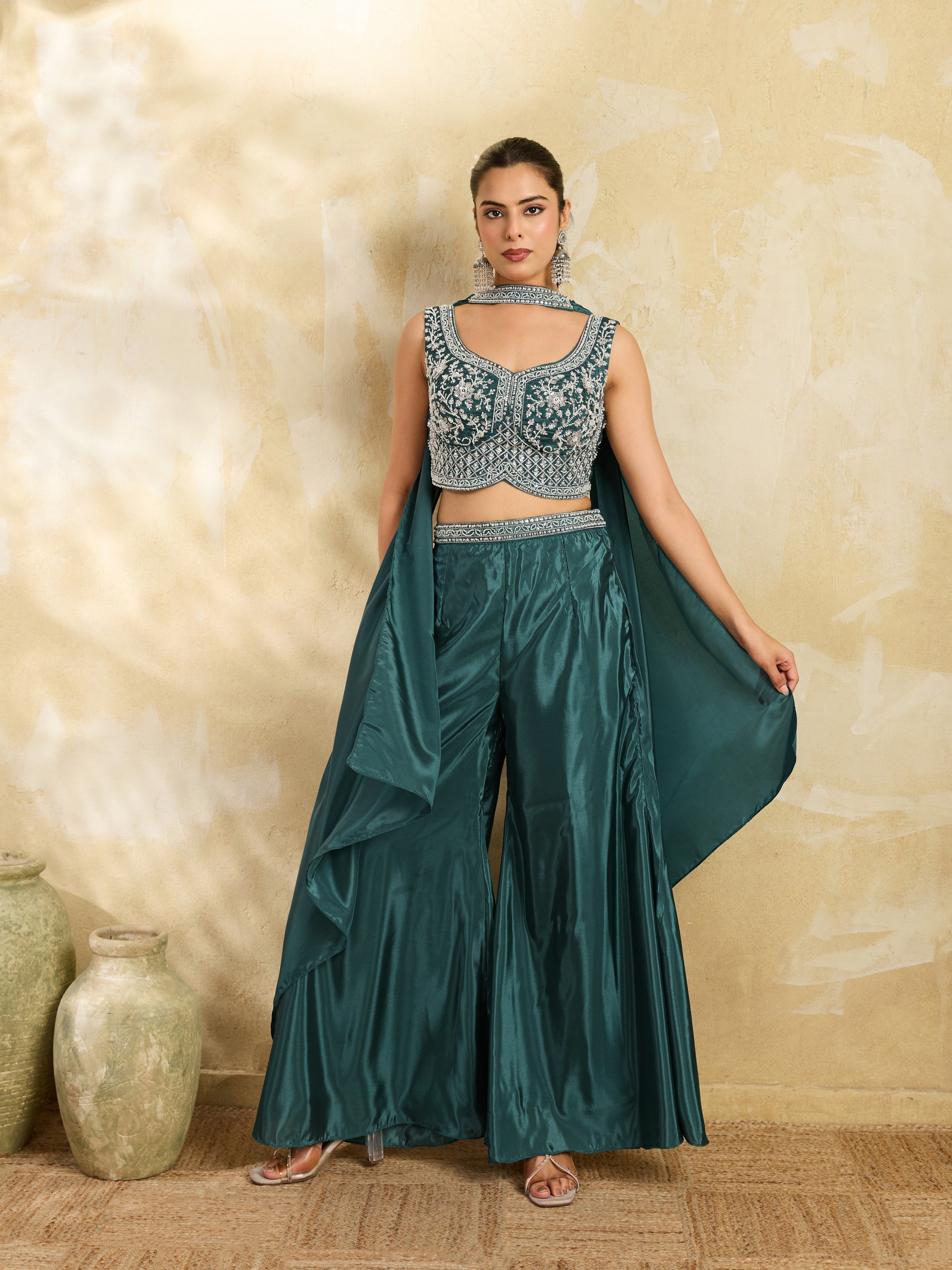 Teal Green Embellished Premium Silk Palazzo Set