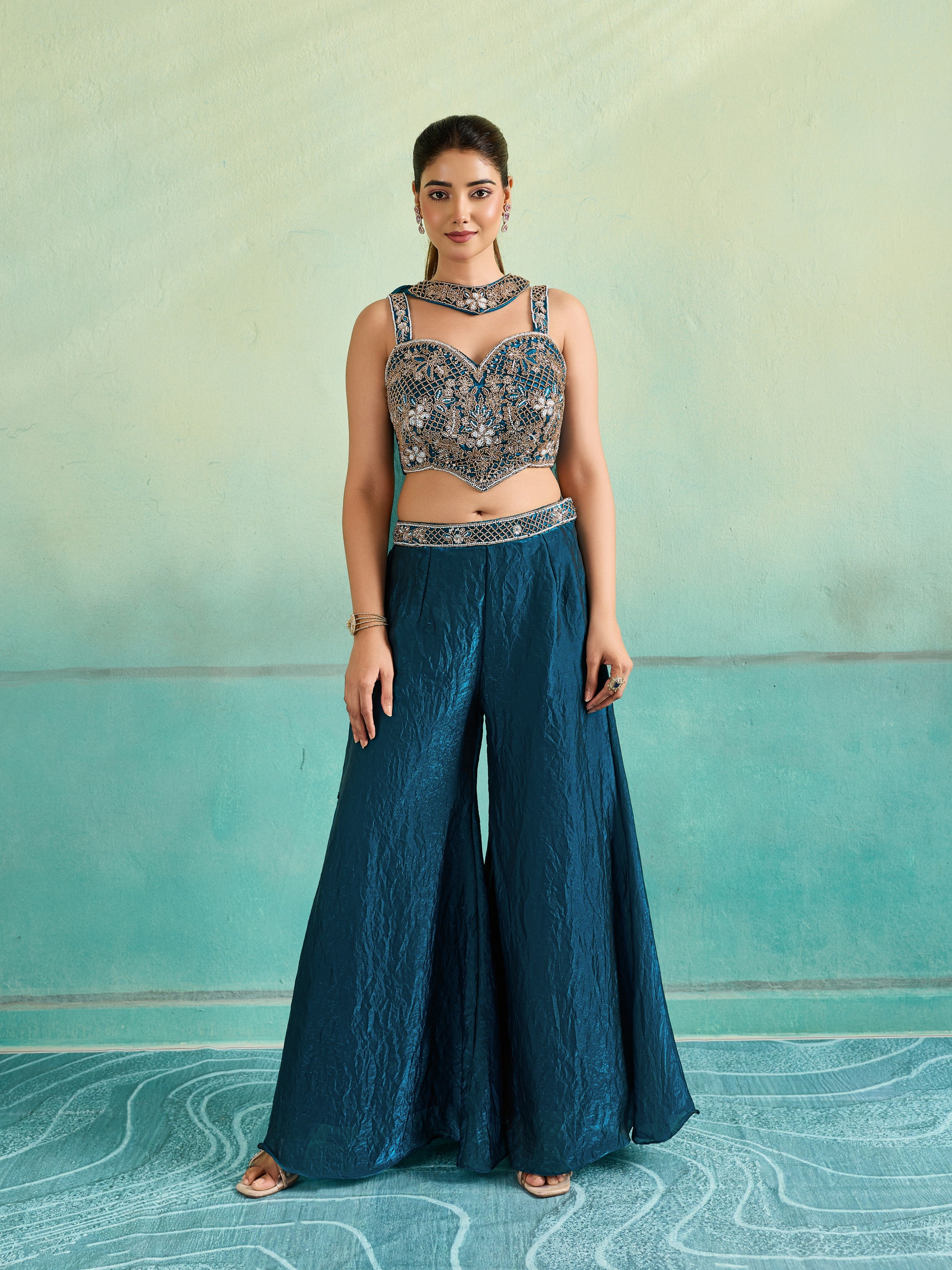 Teal Embellished Organza Silk Palazzo Set