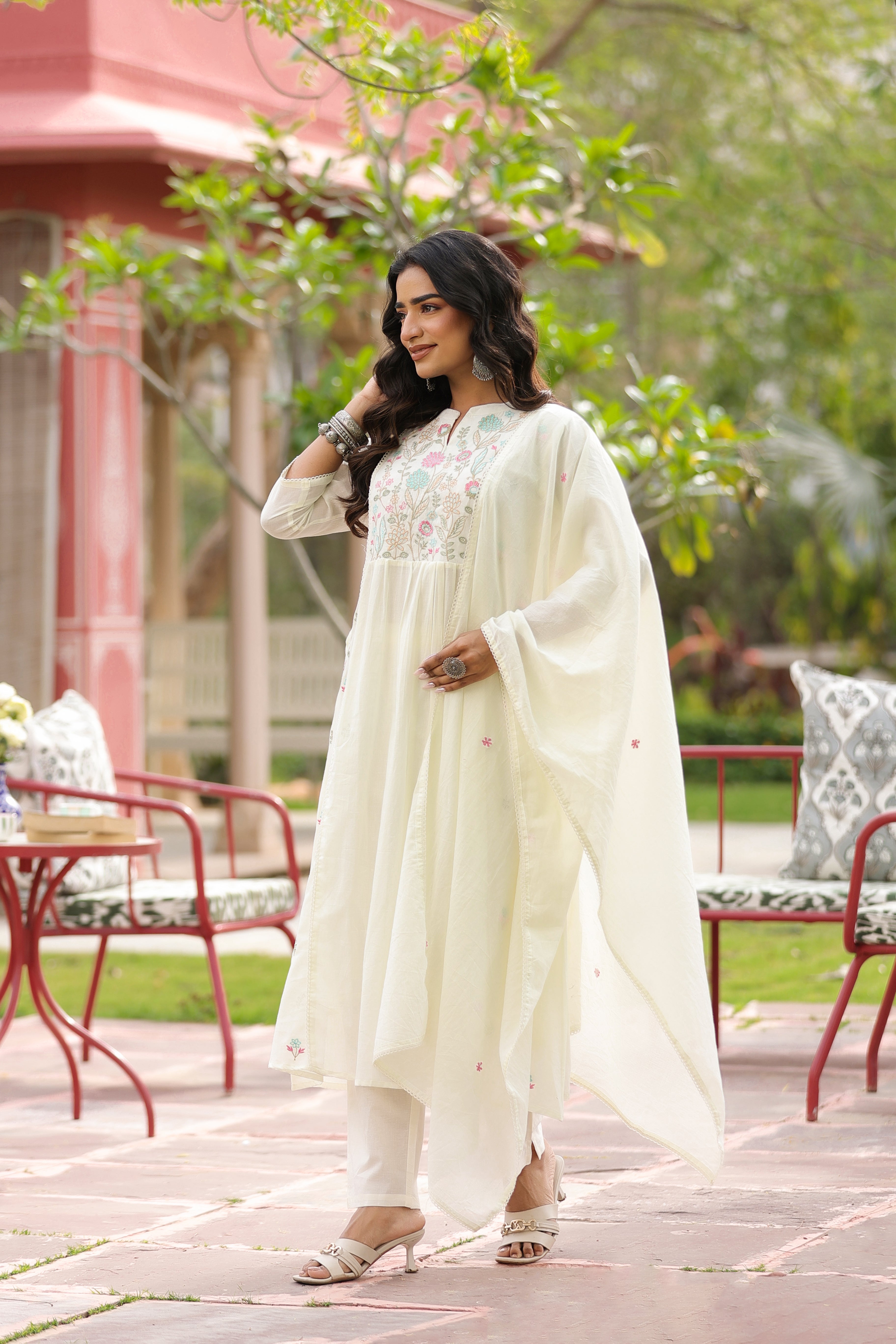Ivory Floral Embroidered Mul Cotton Anarkali Set