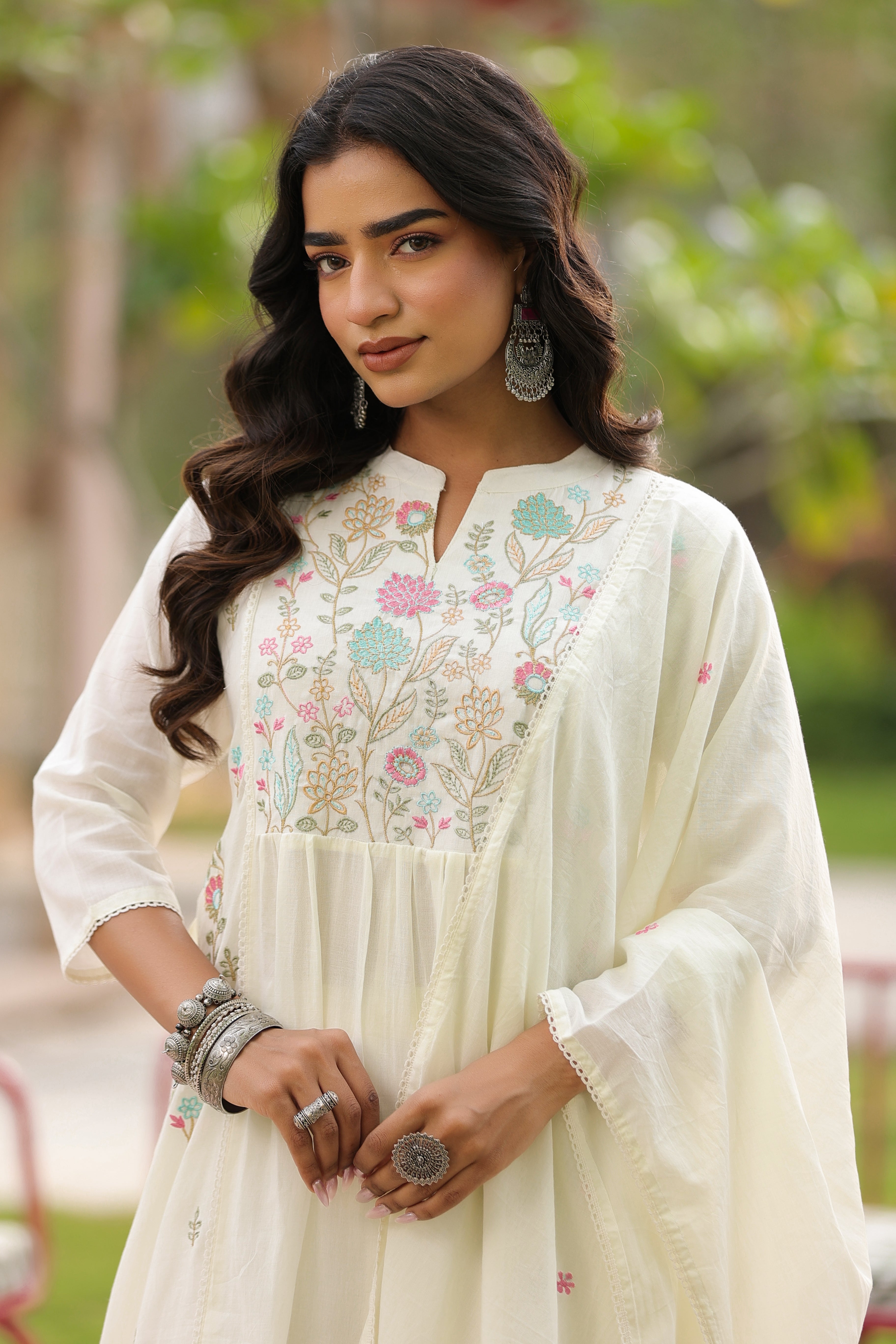 Ivory Floral Embroidered Mul Cotton Anarkali Set