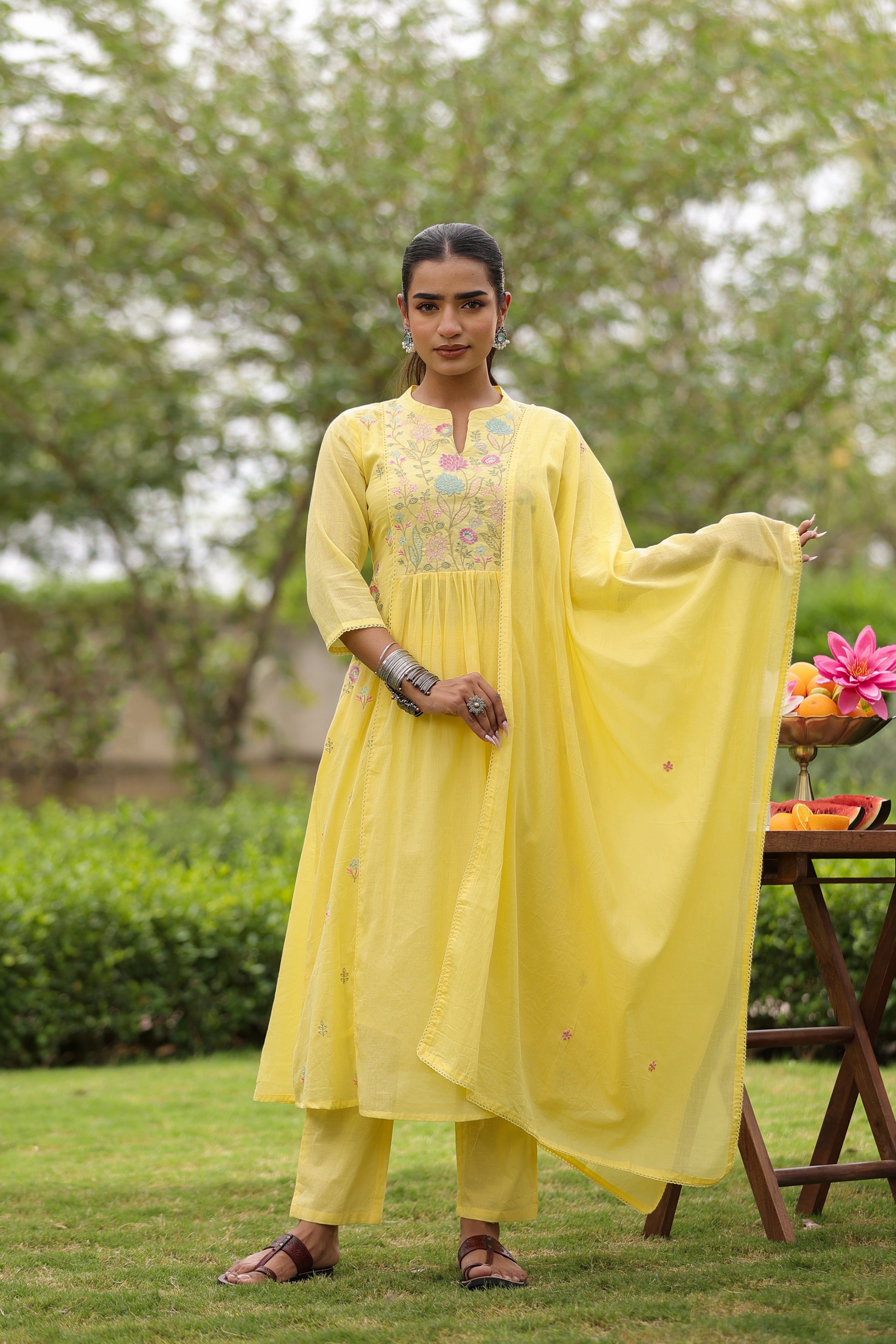 Yellow Floral Embroidered Mul Cotton Anarkali Set