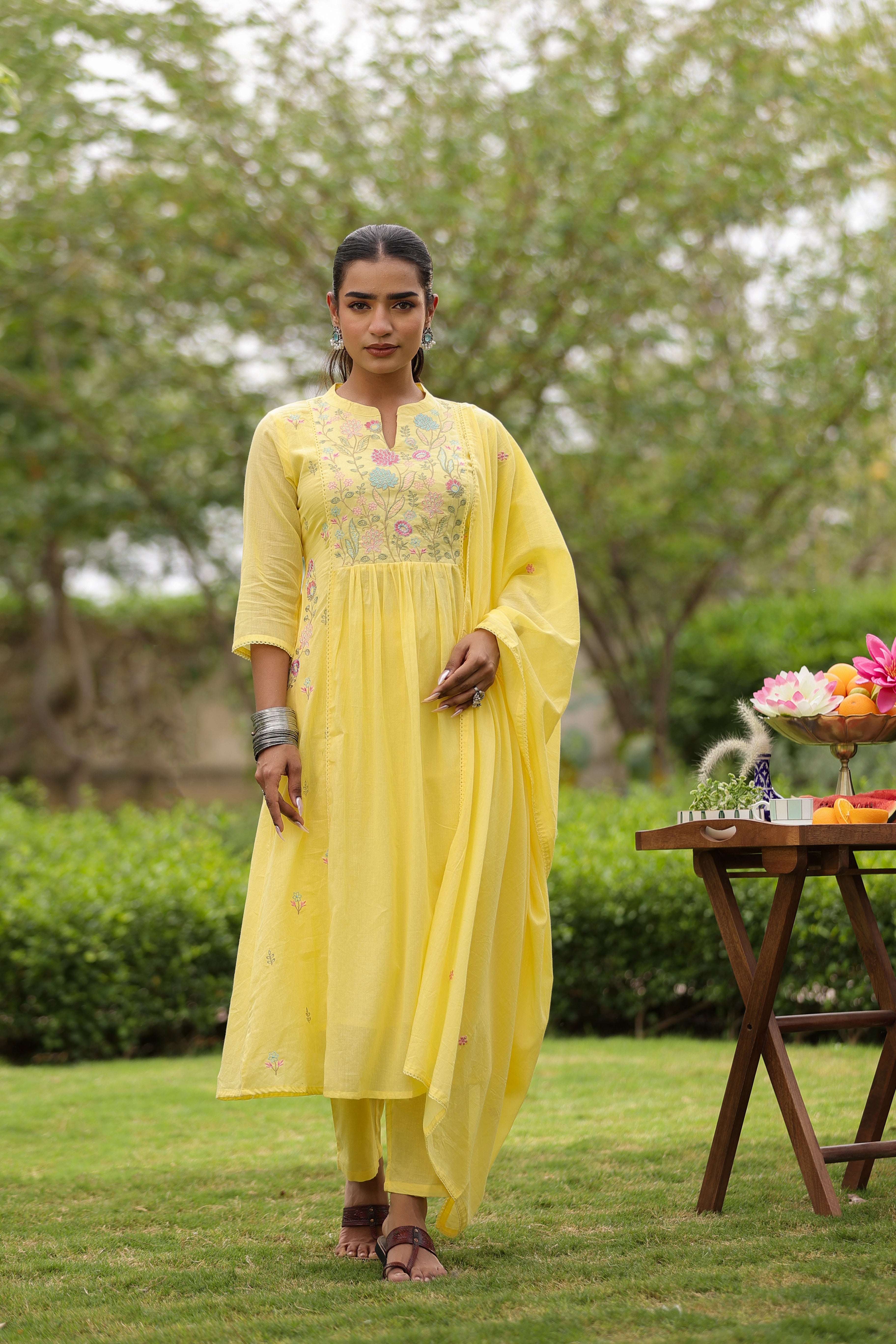 Yellow Floral Embroidered Mul Cotton Anarkali Set