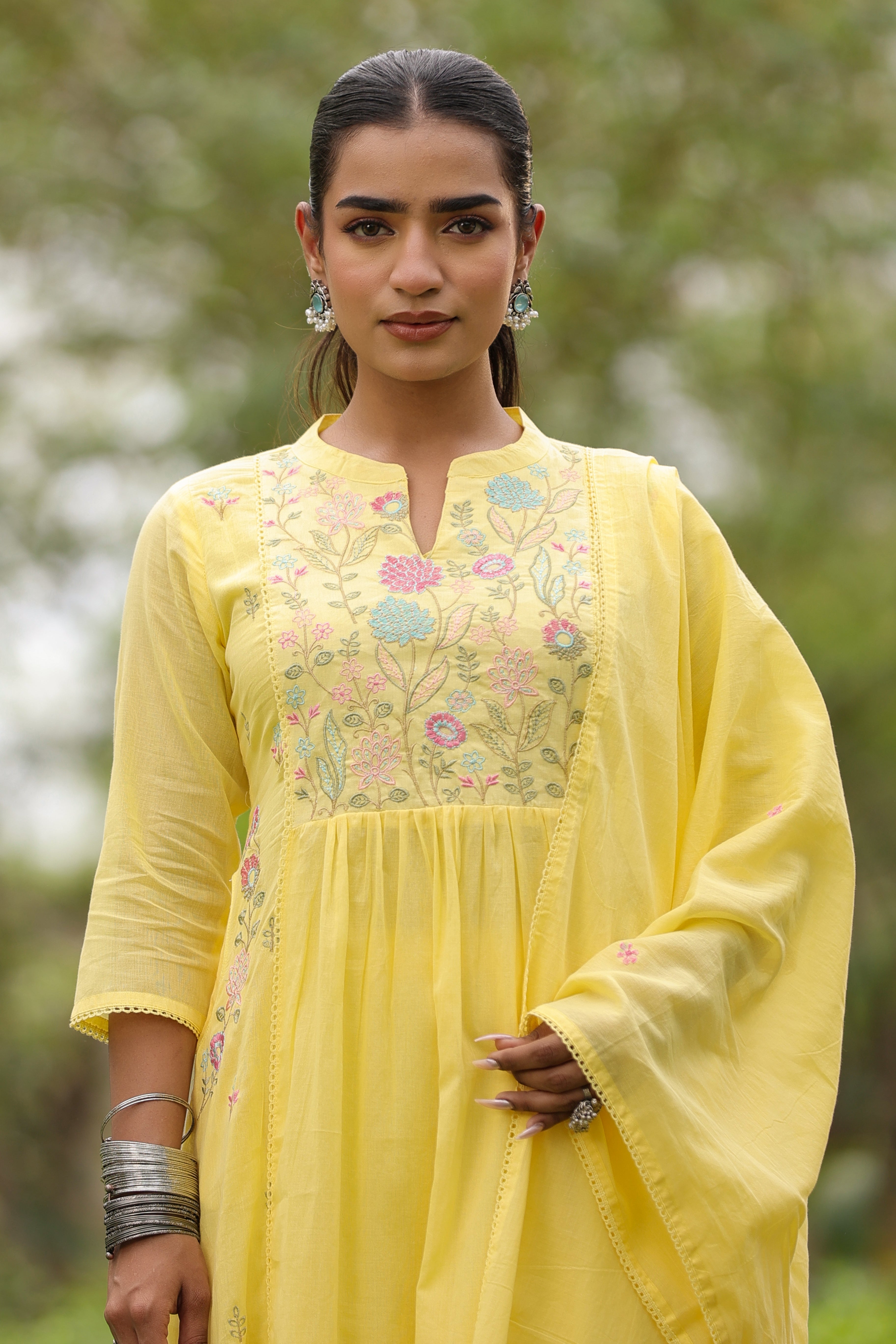 Yellow Floral Embroidered Mul Cotton Anarkali Set