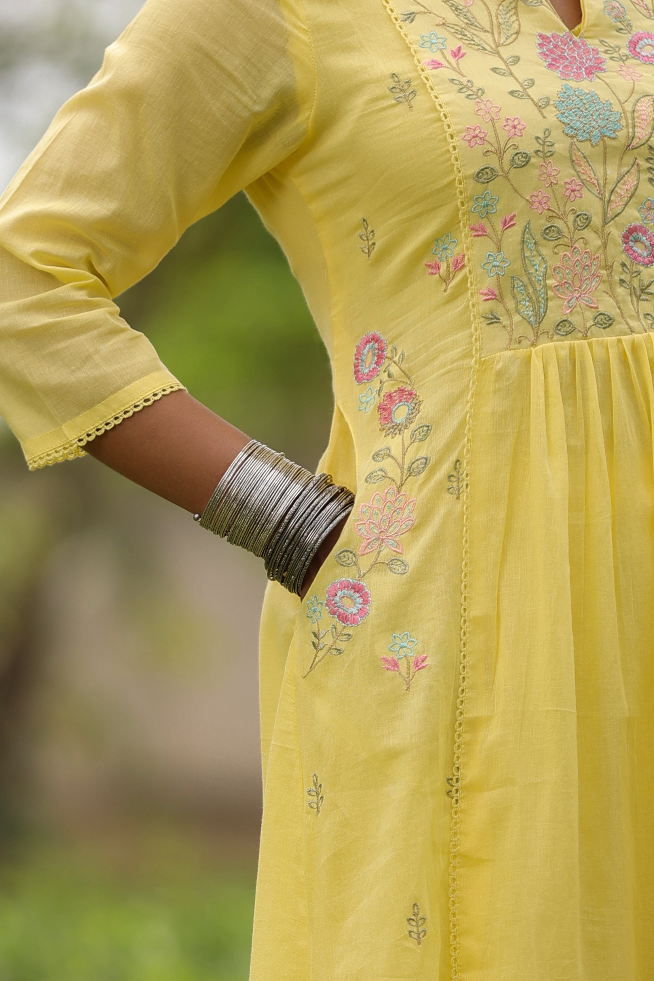 Yellow Floral Embroidered Mul Cotton Anarkali Set